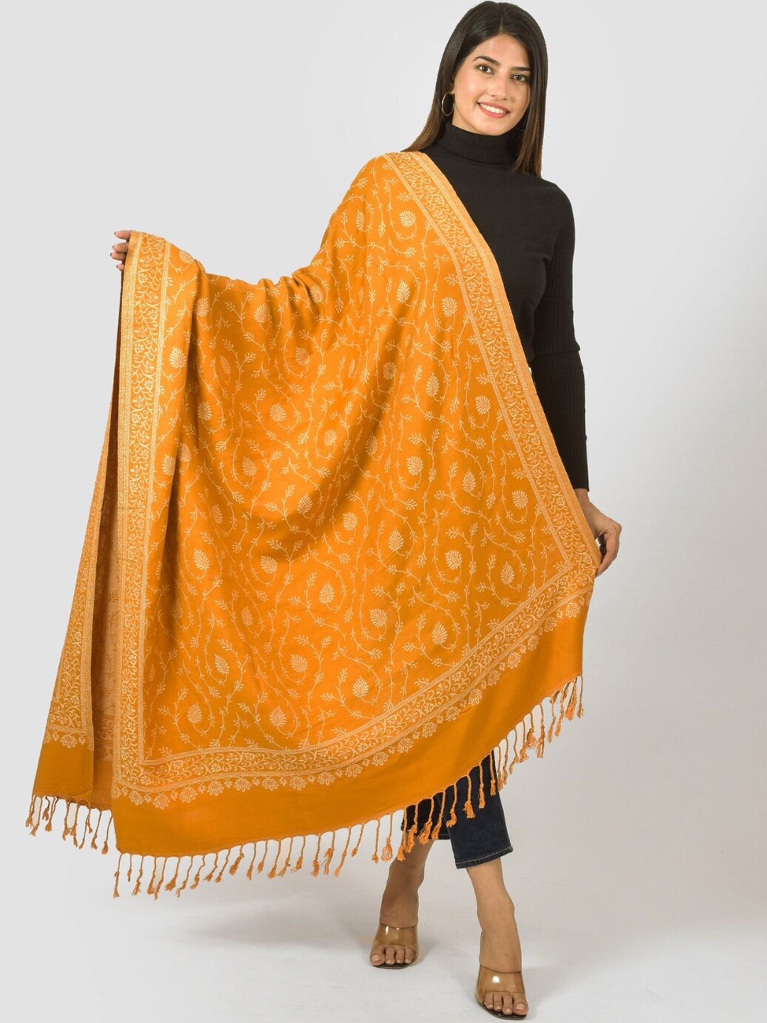 

BAISA Floral Woven Design Shawl, Mustard