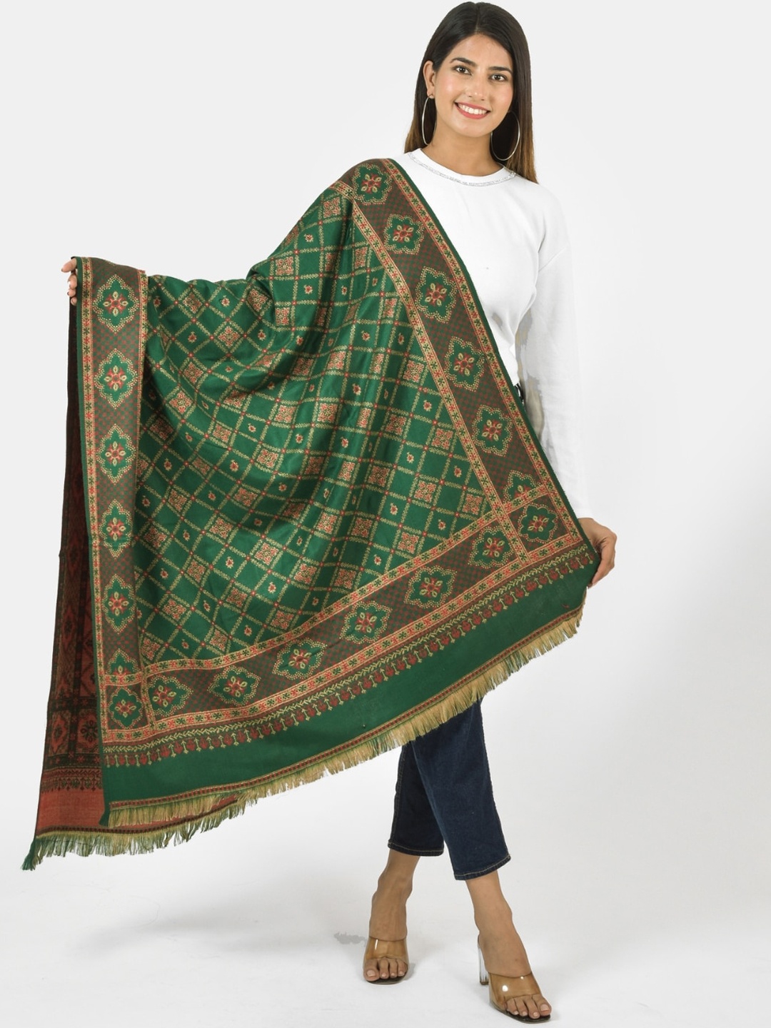 

BAISA Floral Woven Design Shawl, Green