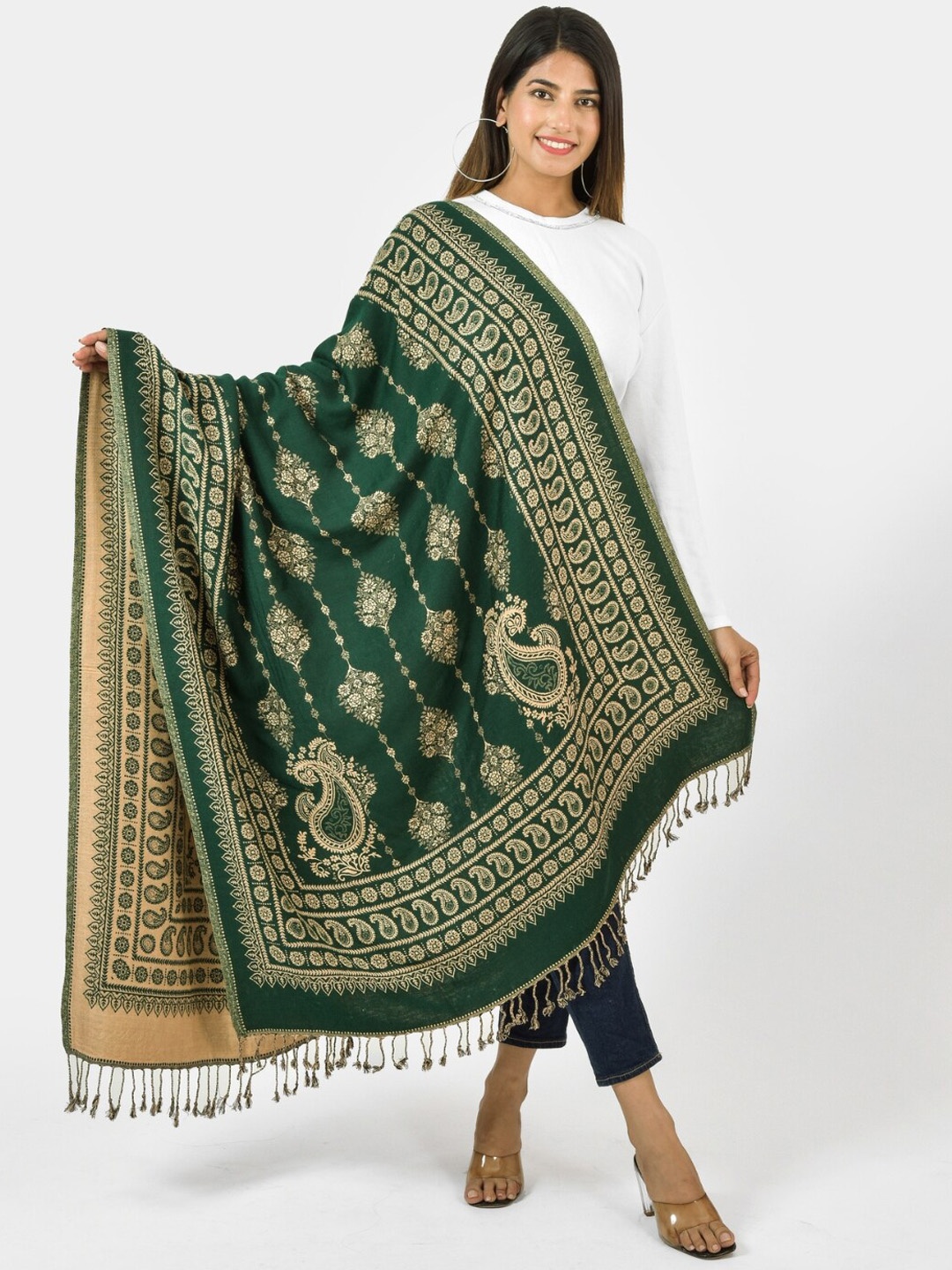 

BAISA Floral Woven Design Shawl, Green