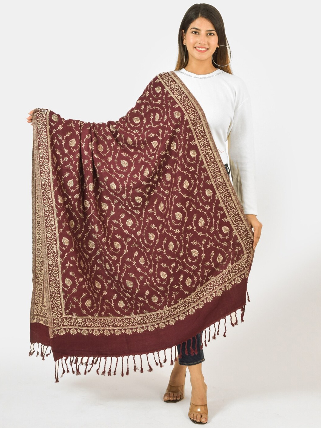 

BAISA Floral Woven Design Shawl, Coffee brown