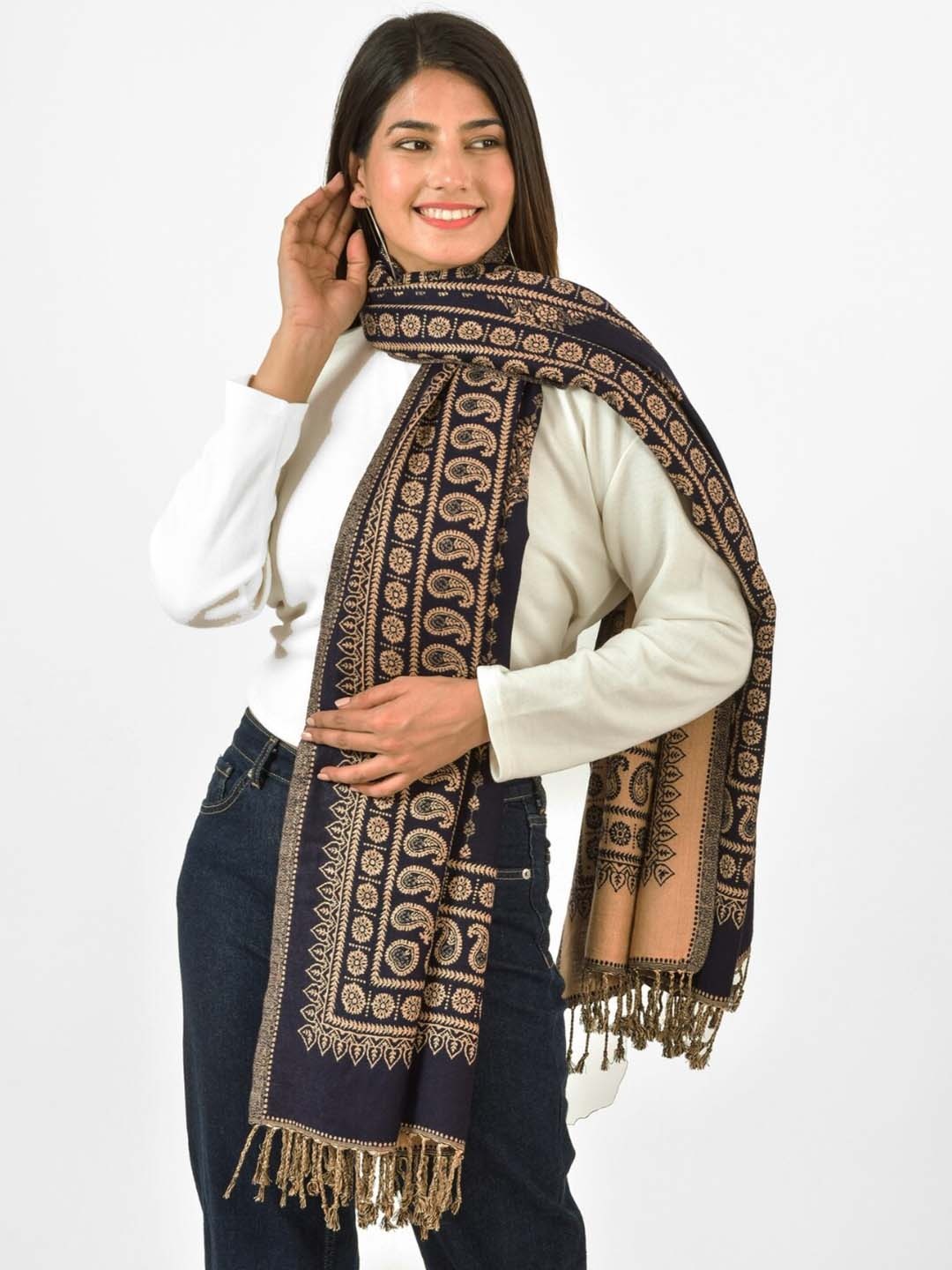 

BAISA Floral Woven Design Shawl, Navy blue