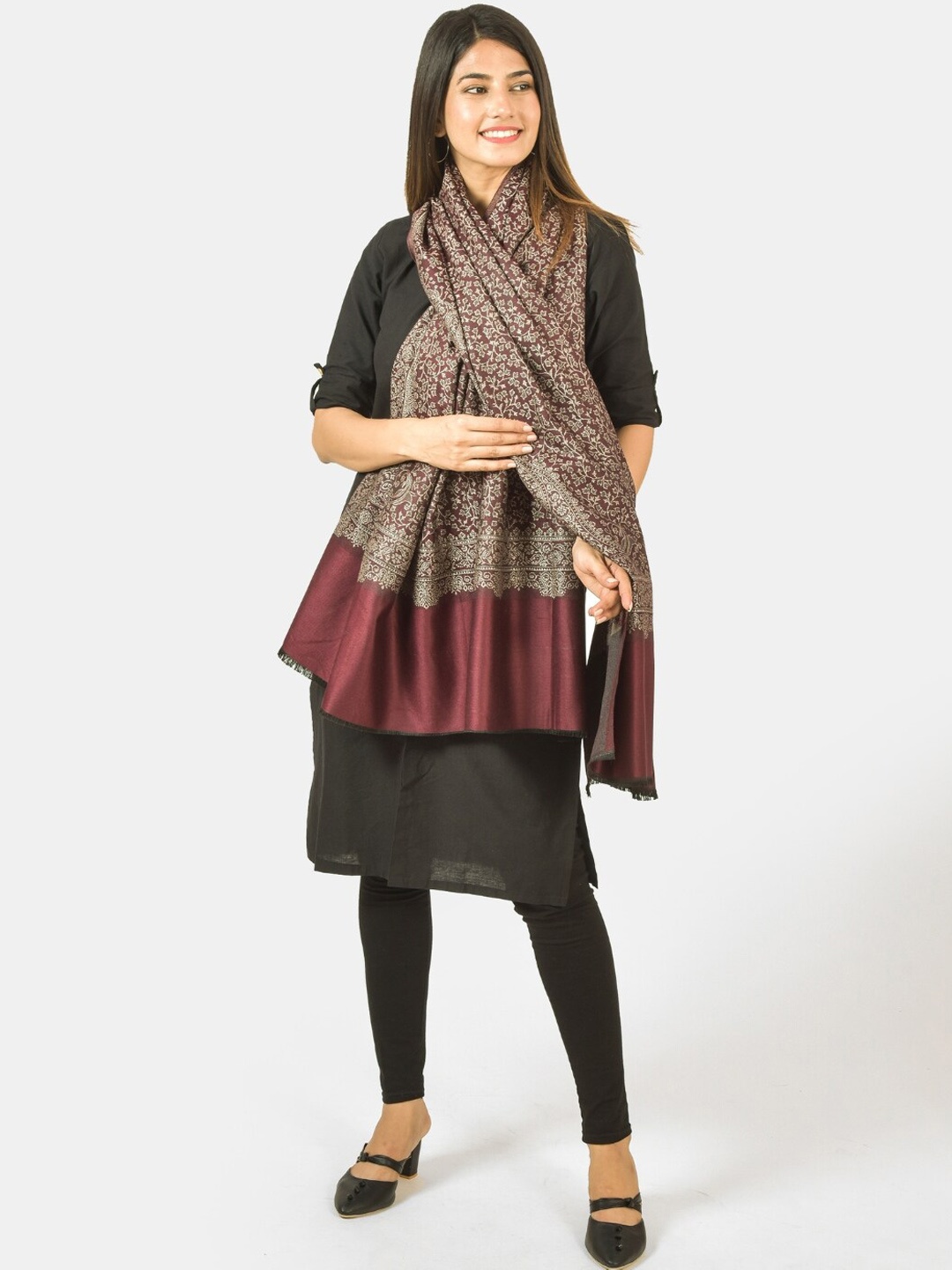 

BAISA Floral Woven Design Shawl, Coffee brown