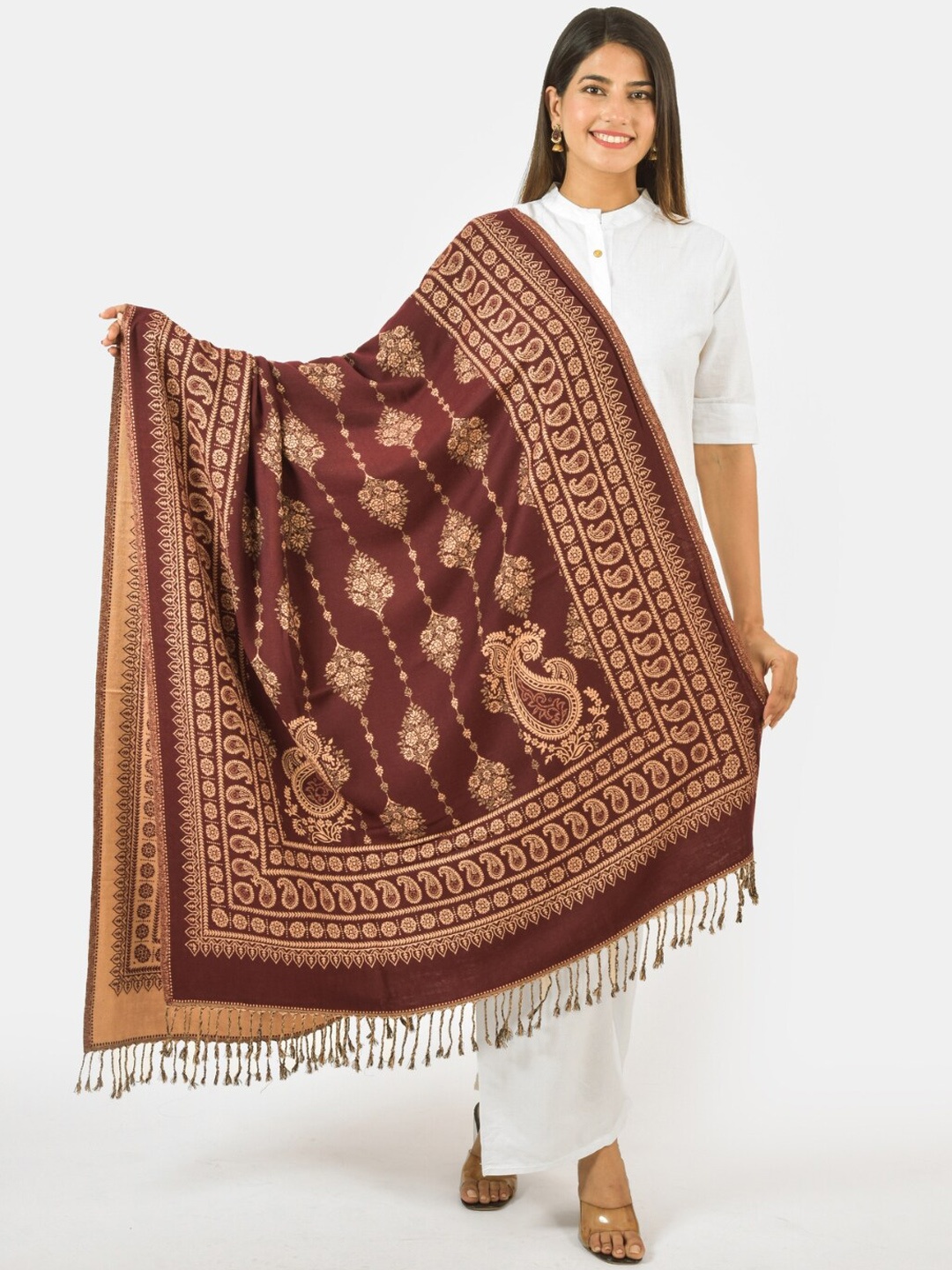 

BAISA Floral Woven Design Shawl, Coffee brown