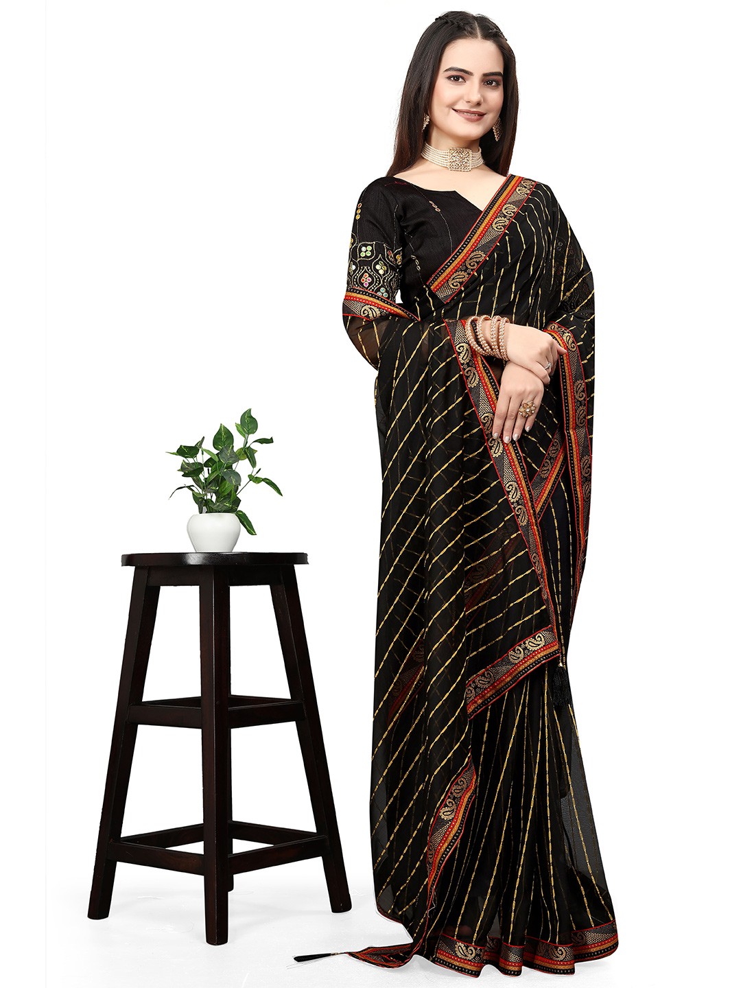 

ZELZIS Striped Woven Design Saree, Black