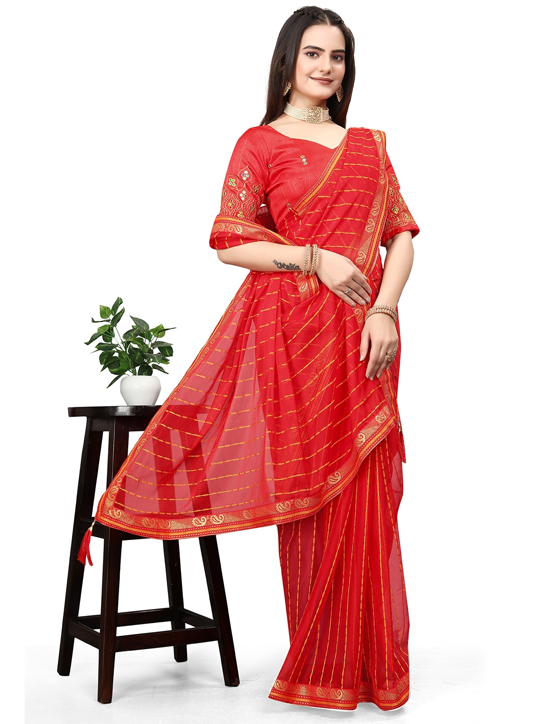 

ZELZIS Striped Woven Design Saree, Red