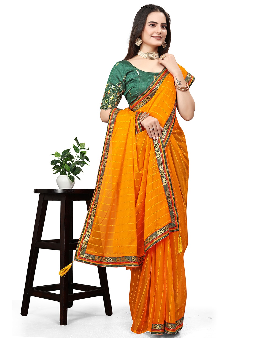 

ZELZIS Striped Woven Design Saree, Yellow