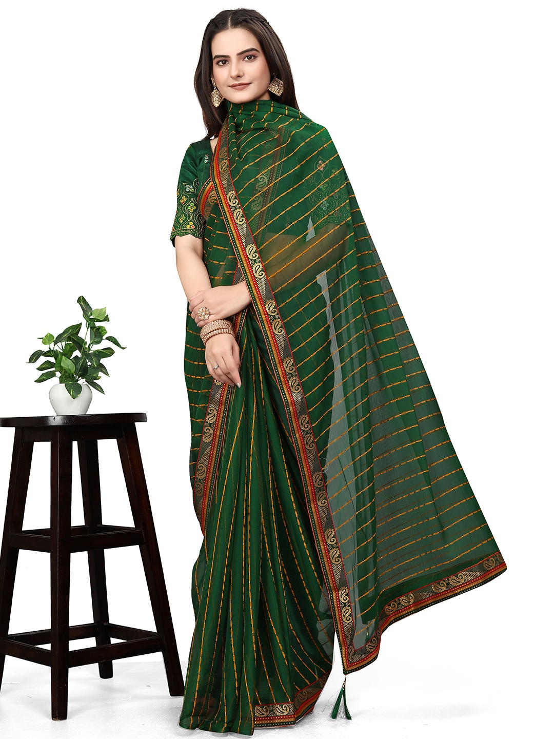 

ZELZIS Striped Printed Zari Saree, Green