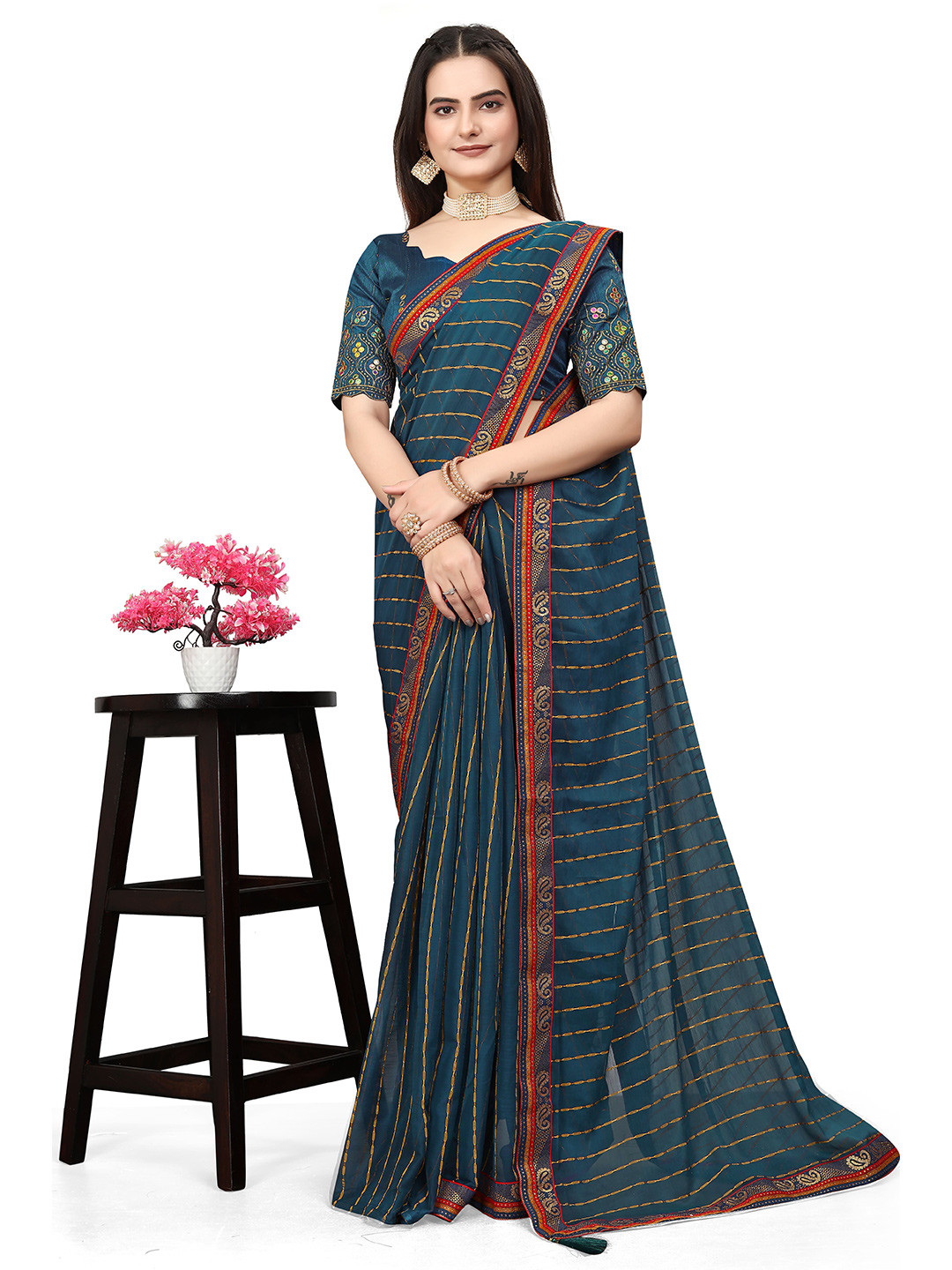 

ZELZIS Striped Saree, Blue