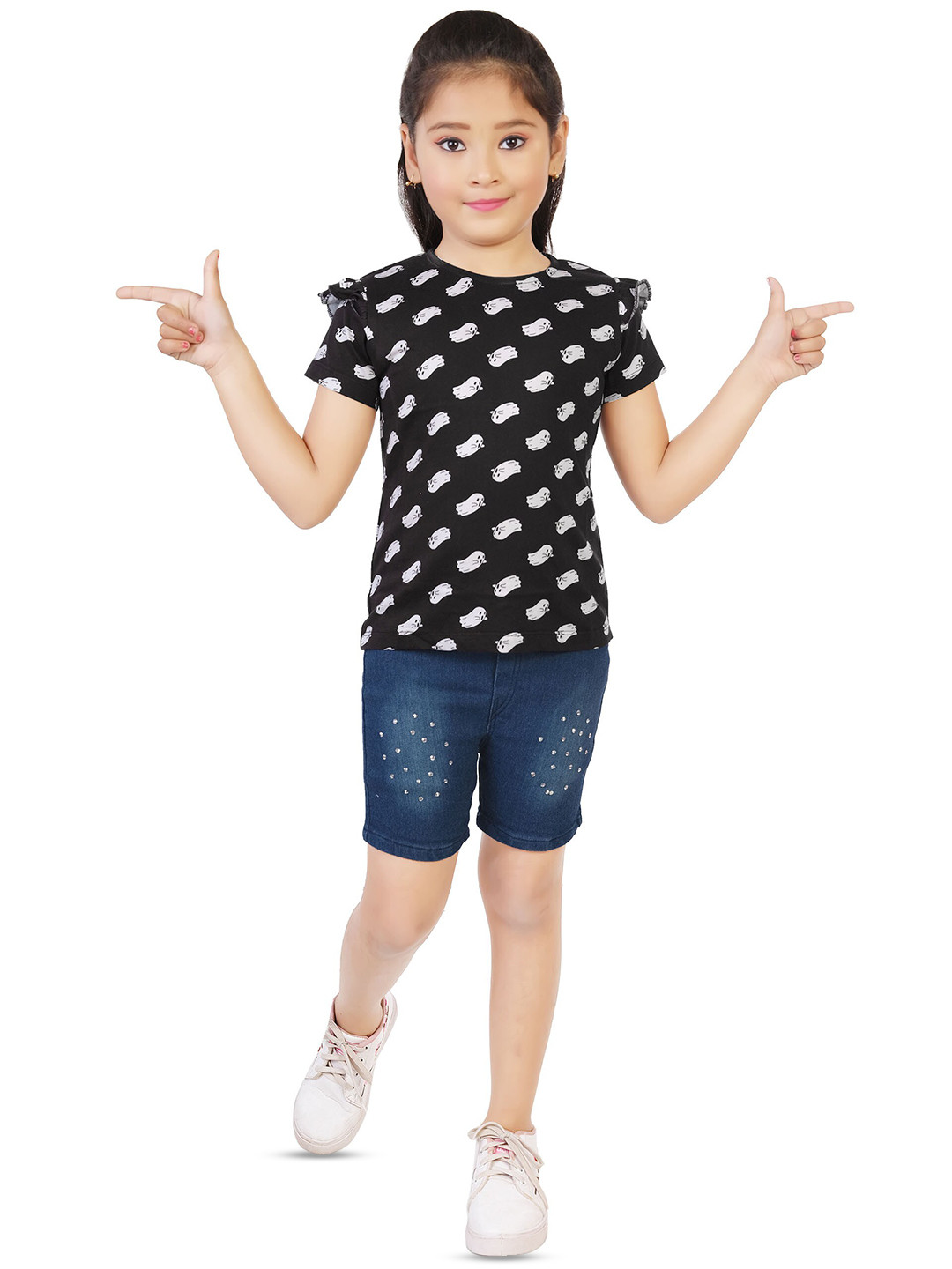 

BAESD Girls Printed Round Neck T-shirt with Shorts, Black