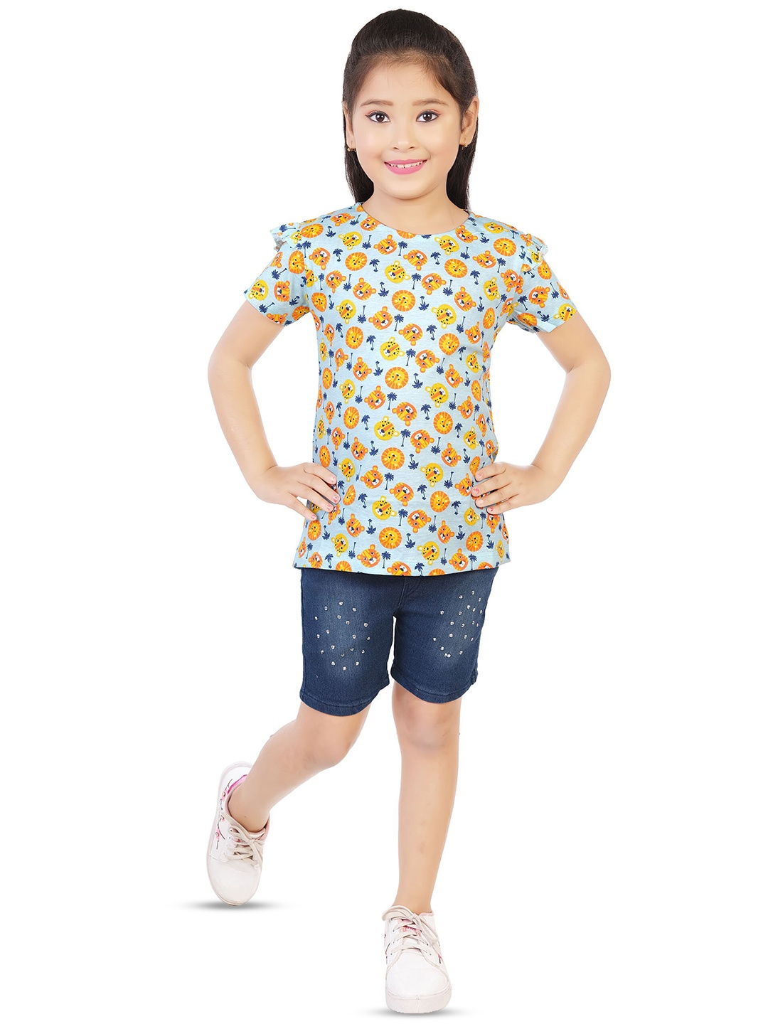 

BAESD Girls Printed Round Neck T-shirt with Shorts, Blue