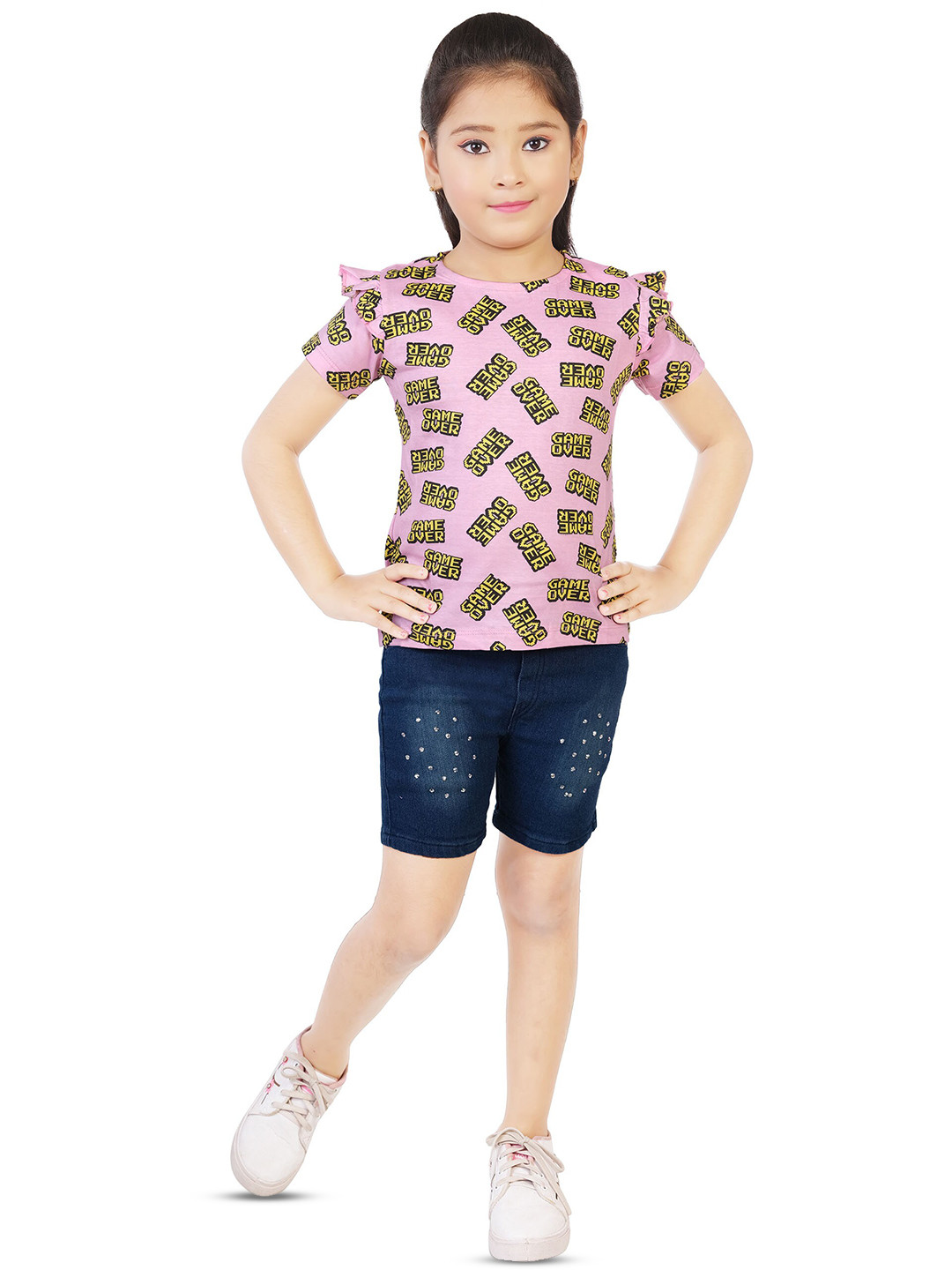 

BAESD Girls Printed Round Neck T-shirt with Shorts, Pink