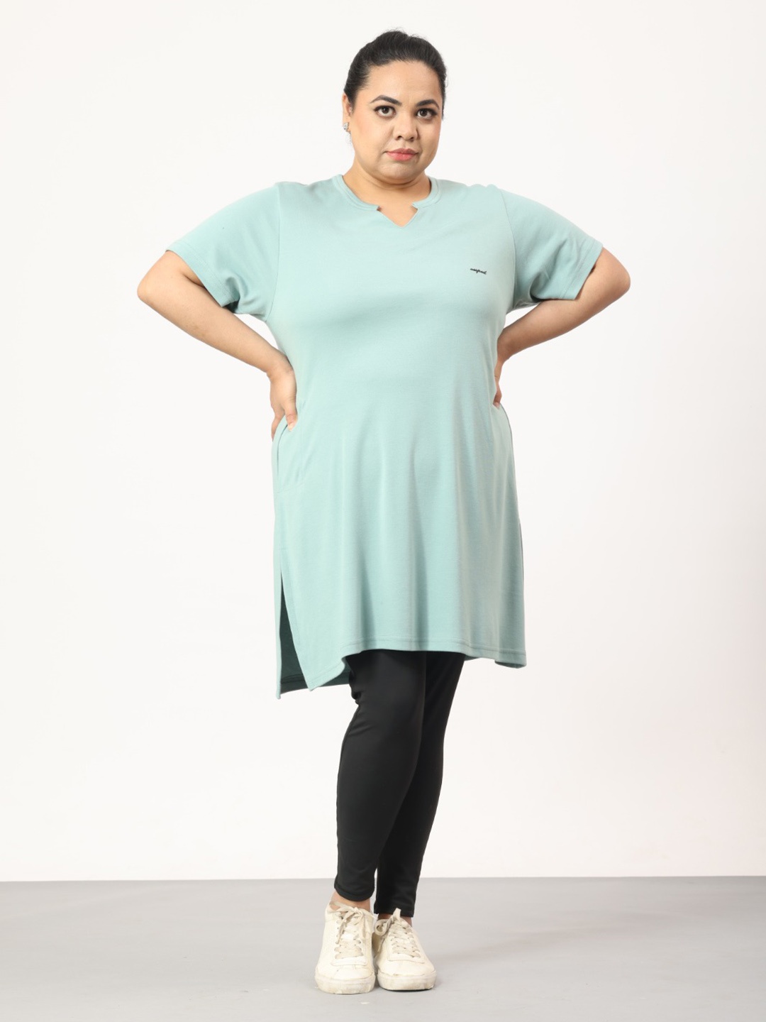 

CUPID Plus Size Mandarin Collar Short Sleeves Cotton Longline Top, Green