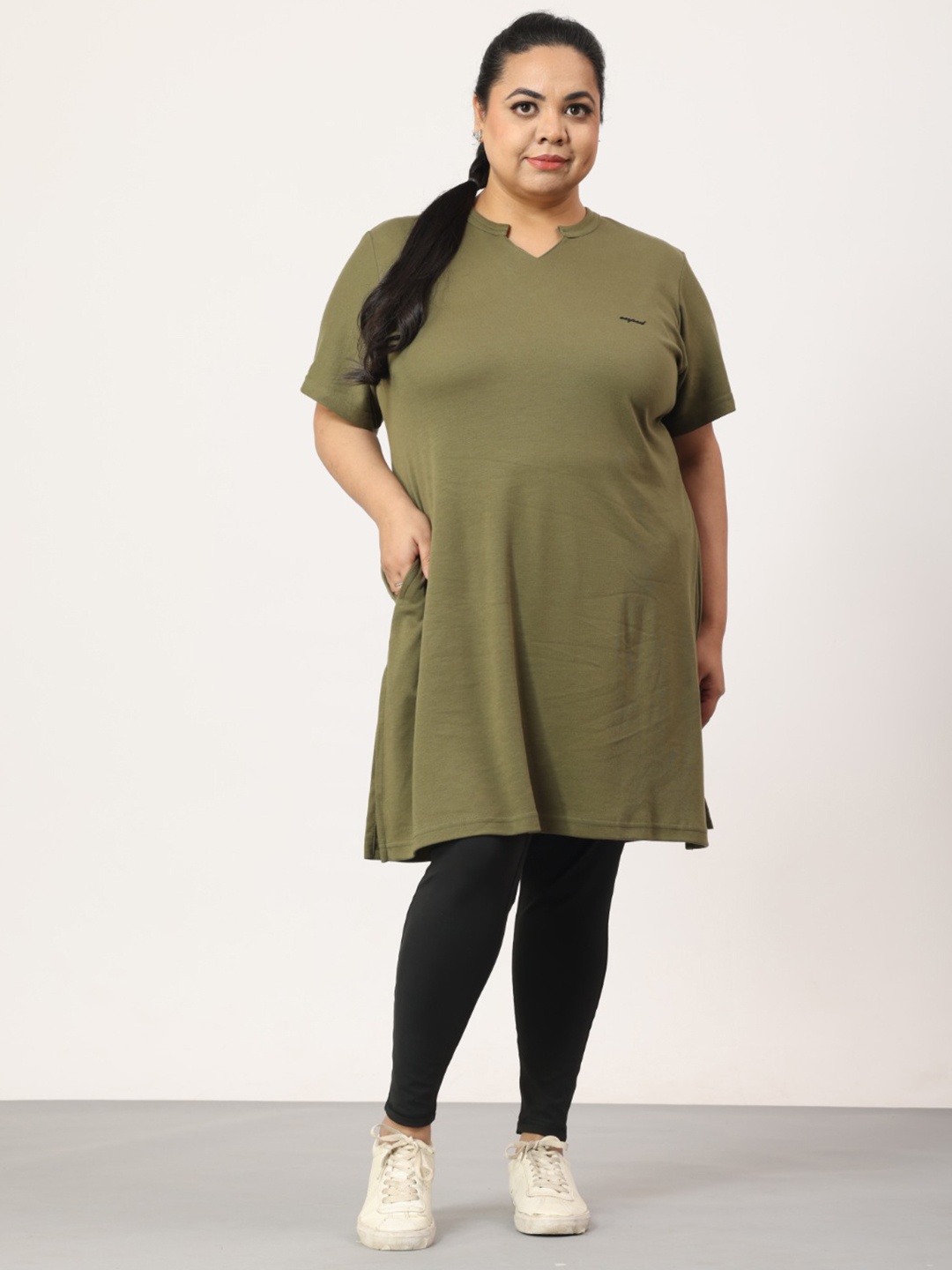 

CUPID Plus Size Mandarin Collar Short Sleeves Cotton Longline Top, Olive