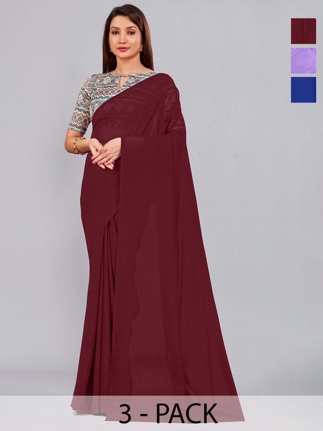 

CastilloFab Selection Of 3 Pure Georgette Sarees, Maroon