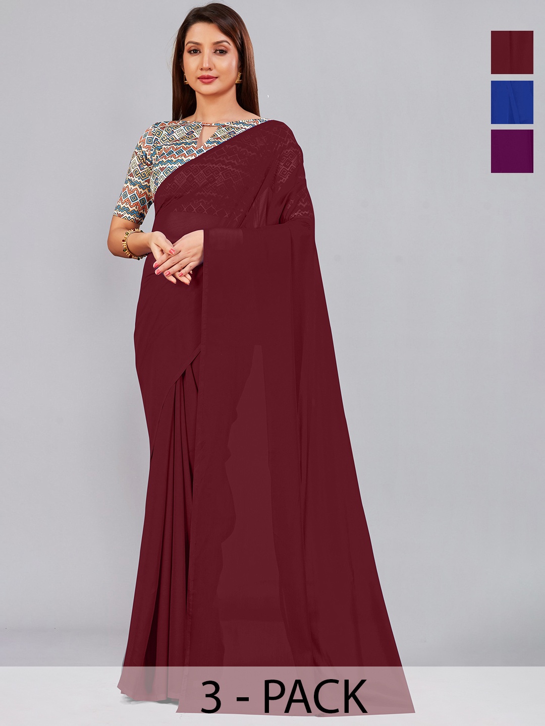 

CastilloFab Selection of 3 Pure Georgette Sarees, Maroon