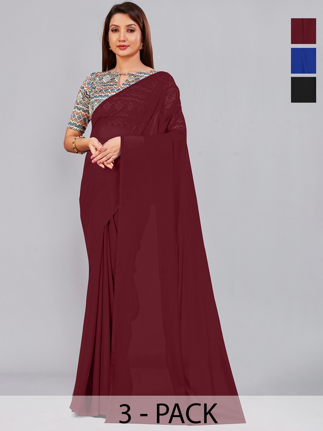 

CastilloFab Selection Of 3 Pure Georgette Sarees, Maroon