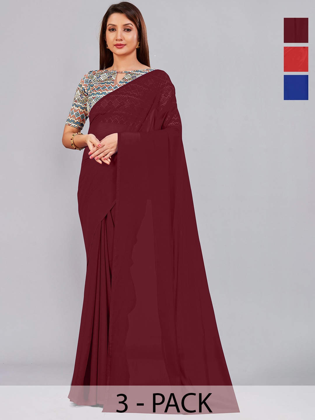 

CastilloFab Selection Of 3 Pure Georgette Saree, Maroon