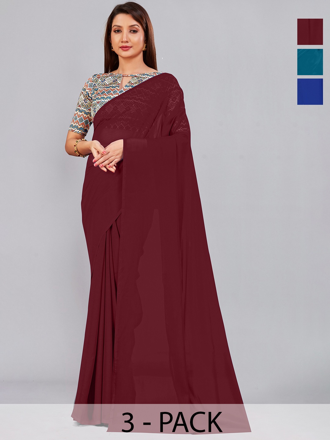 

CastilloFab Selection Of 3 Pure Georgette Saree, Maroon