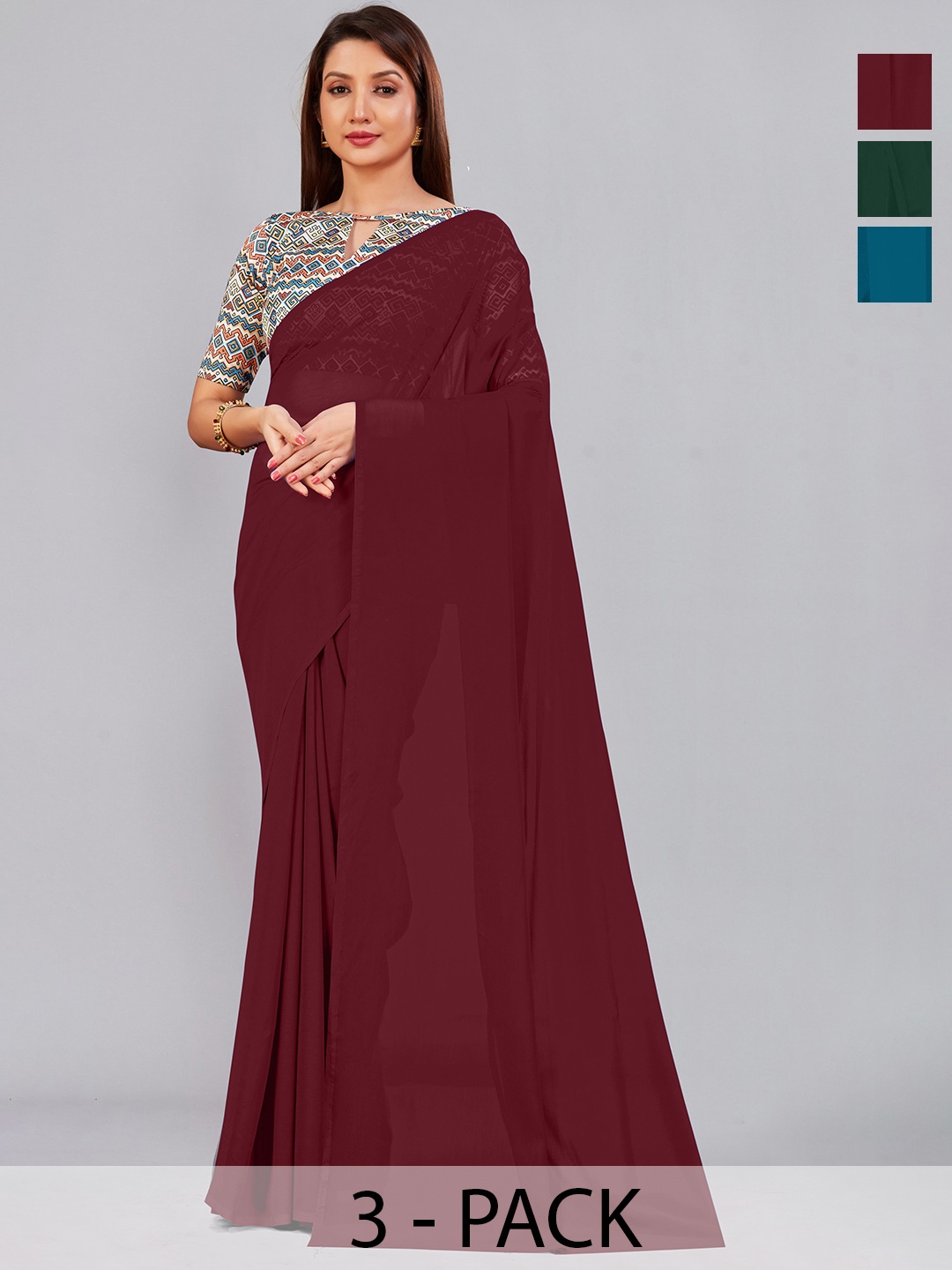 

CastilloFab Selection of 3 Pure Georgette Sarees, Maroon