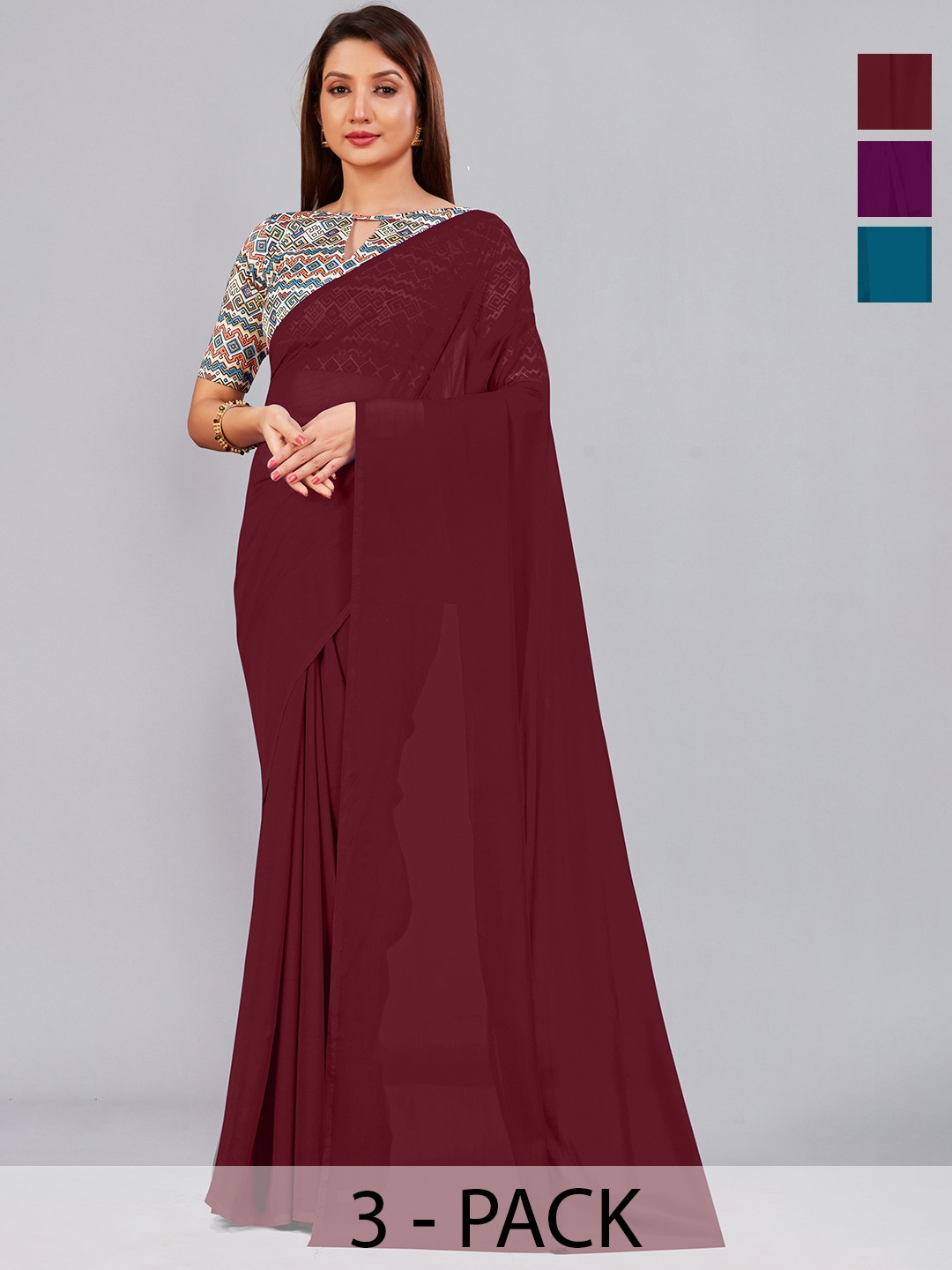 

CastilloFab Selection Of 3 Pure Georgette Saree, Maroon