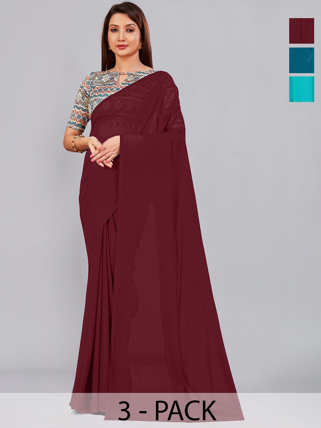 

CastilloFab Selection Of 3 Pure Georgette Saree, Maroon