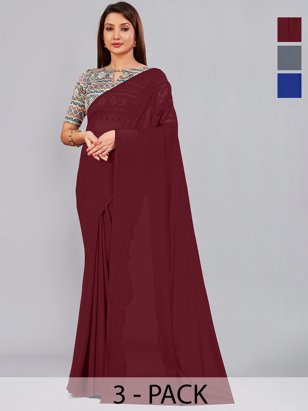 

CastilloFab Selection of 3 Pure Georgette Sarees, Maroon
