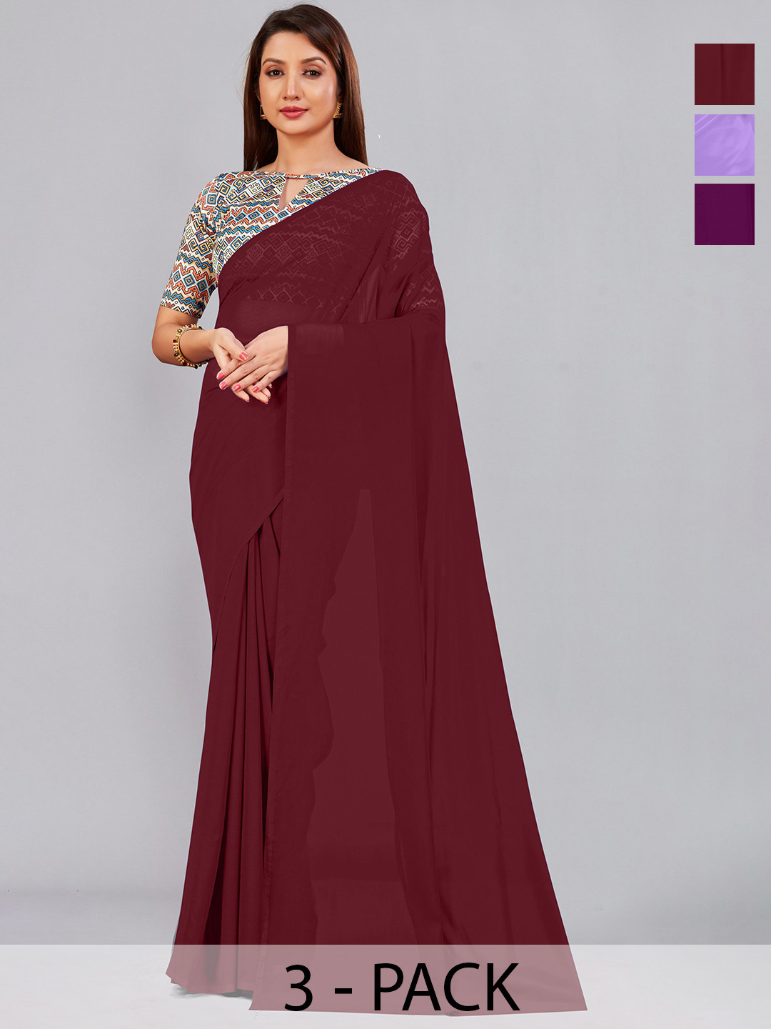 

CastilloFab Selection Of 3 Pure Georgette Saree, Maroon