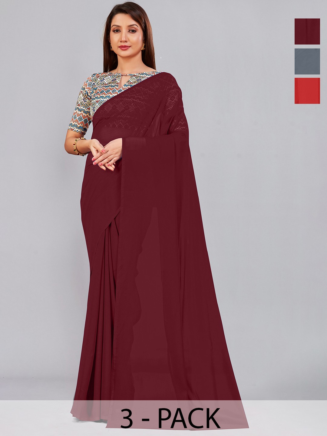 

CastilloFab Selection Of 3 Pure Georgette Saree, Maroon