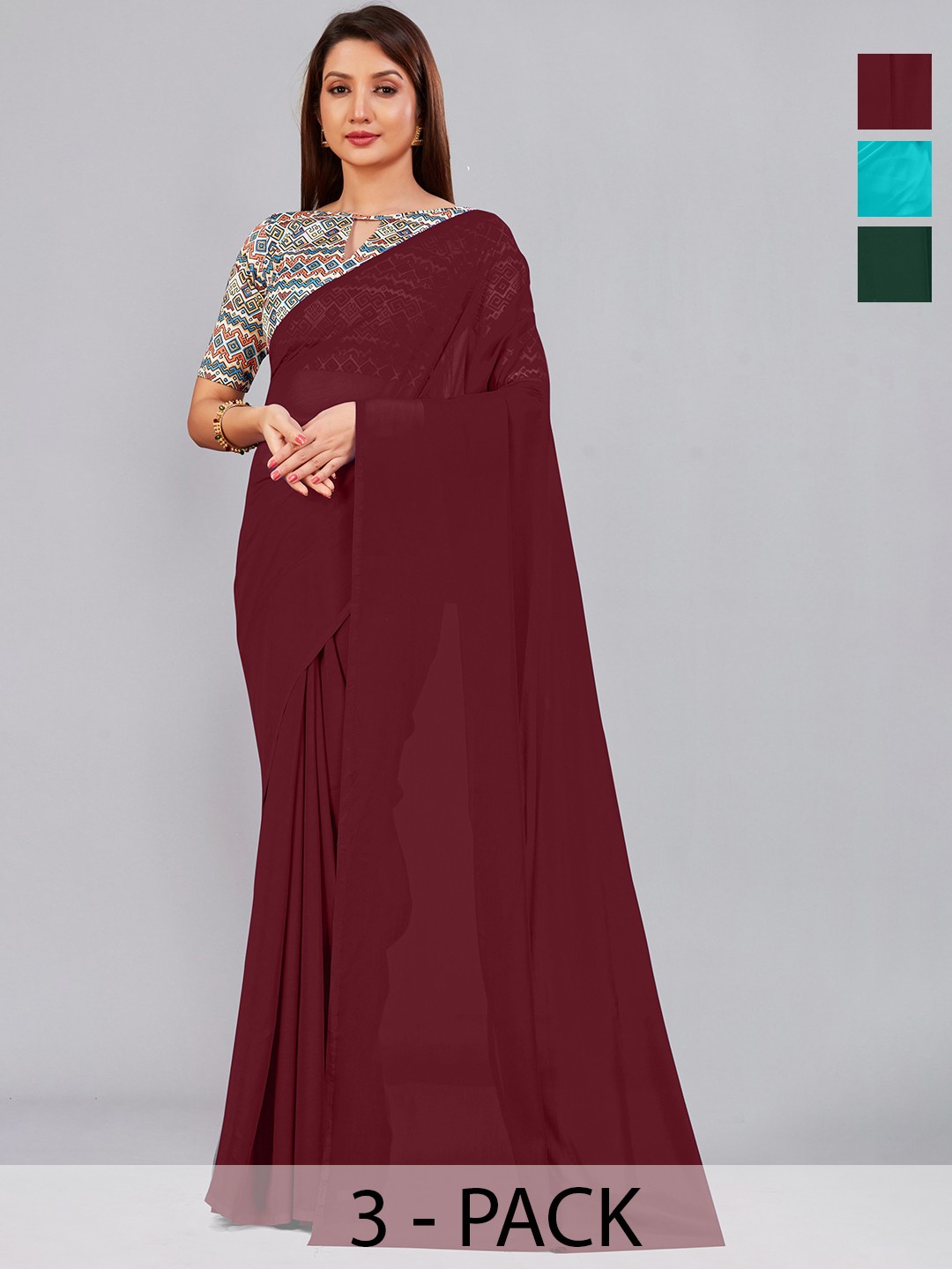

CastilloFab Selection Of 3 Pure Georgette Saree, Maroon