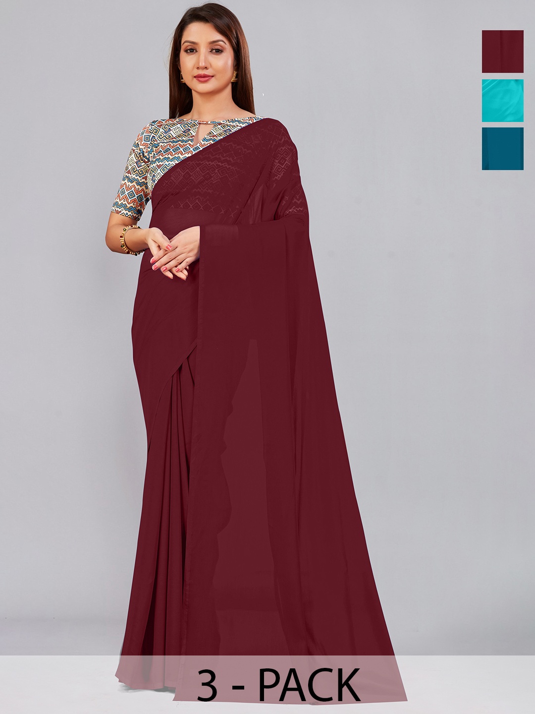 

CastilloFab Selection of 3 Pure Georgette Sarees, Maroon