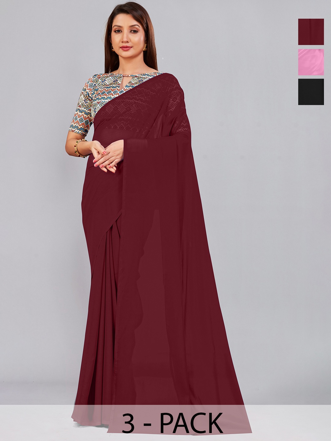 

CastilloFab Selection Of 3 Pure Georgette Saree, Maroon