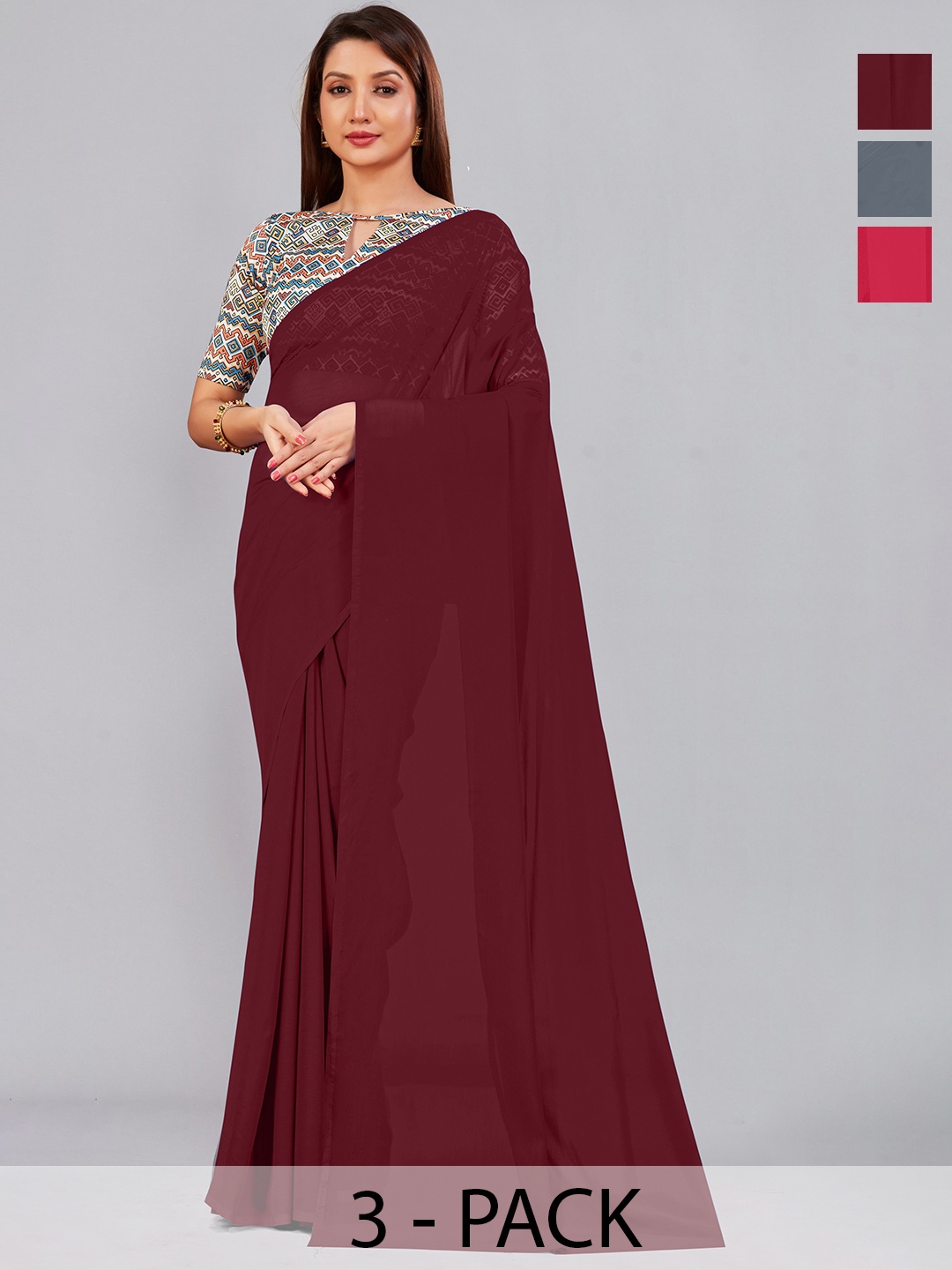 

CastilloFab Selection Of 3 Pure Georgette Saree, Maroon