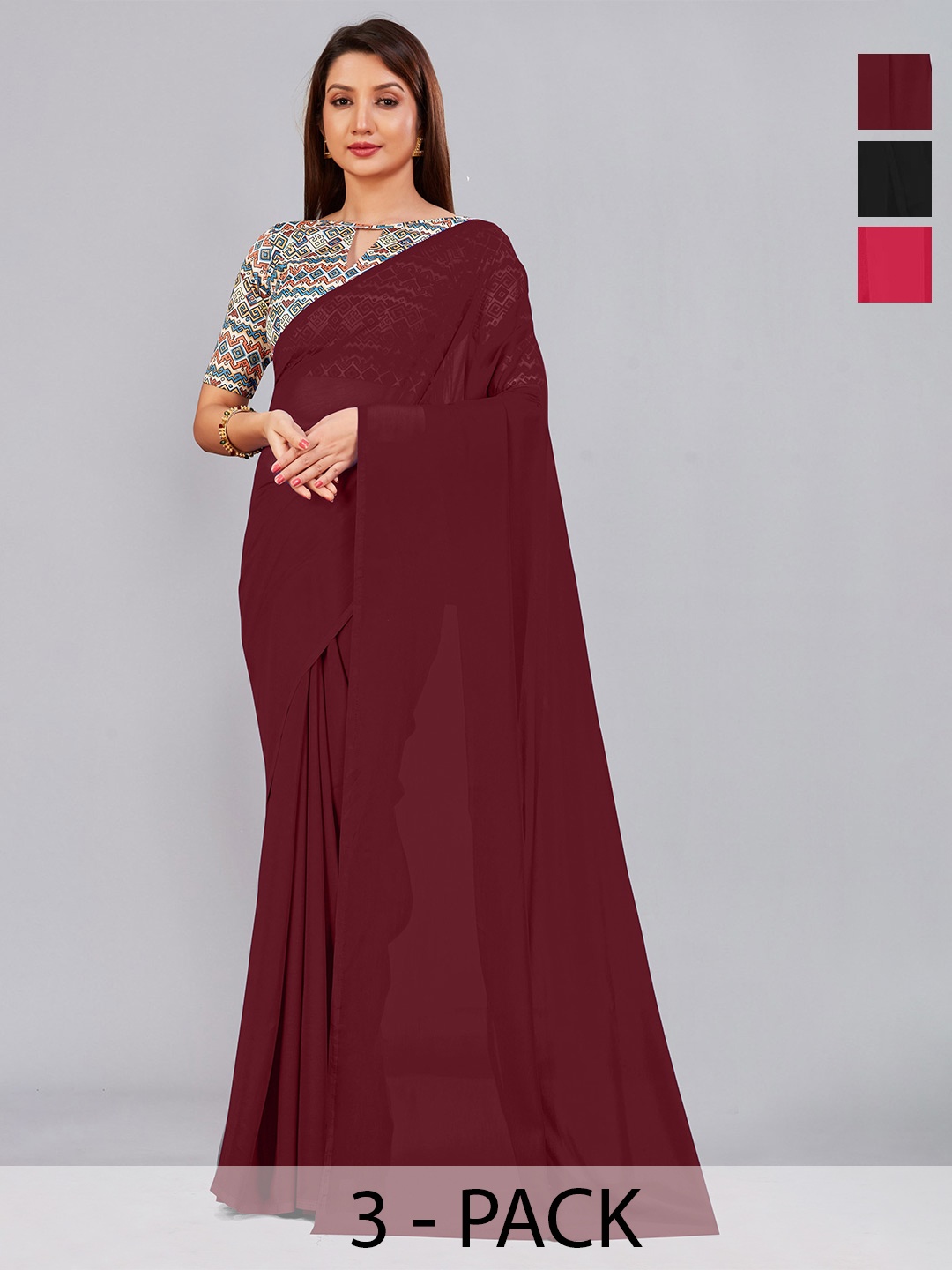 

CastilloFab Selection of 3 Pure Georgette Sarees, Maroon