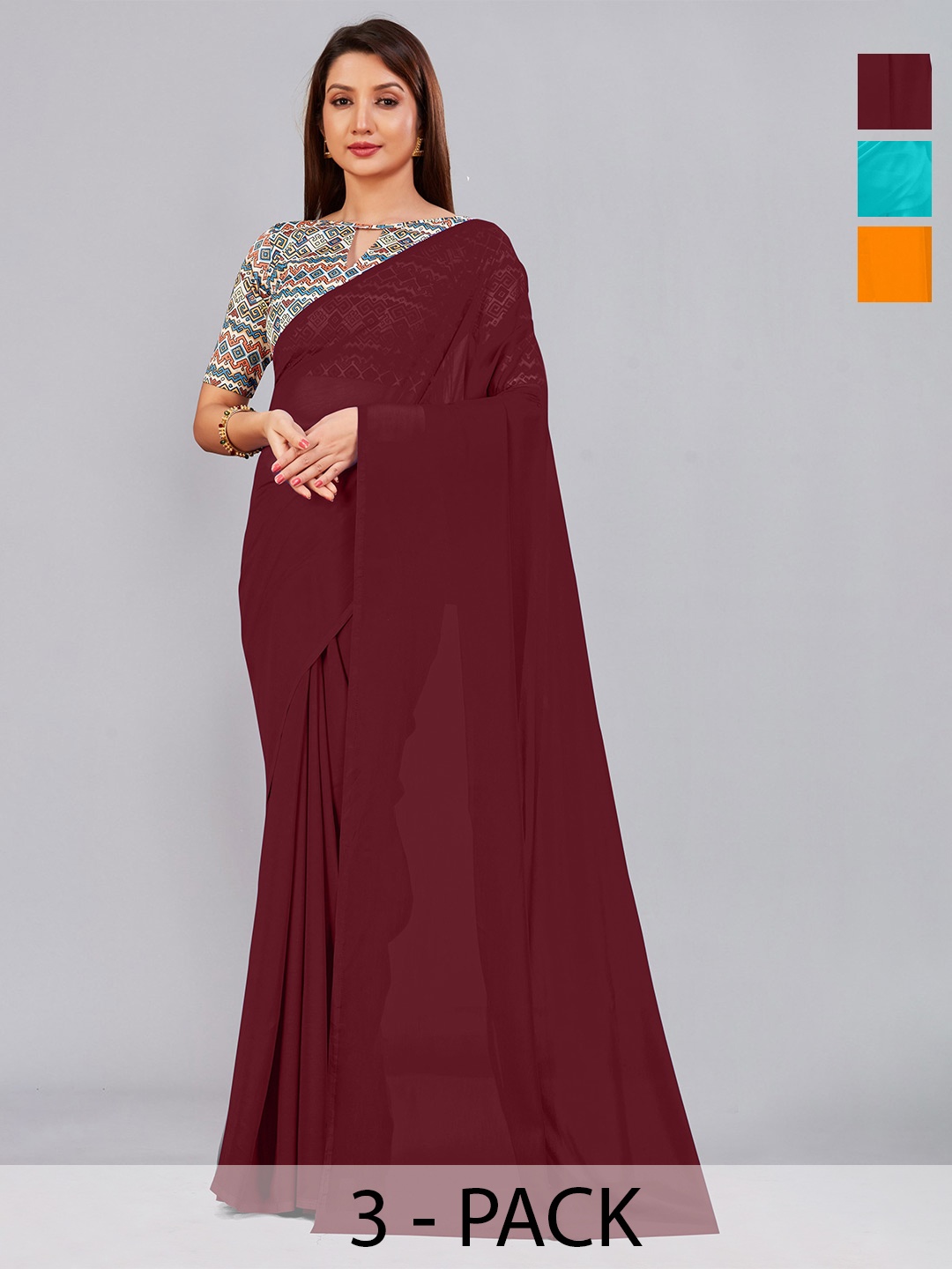 

CastilloFab Selection Of 3 Pure Georgette Sarees, Maroon