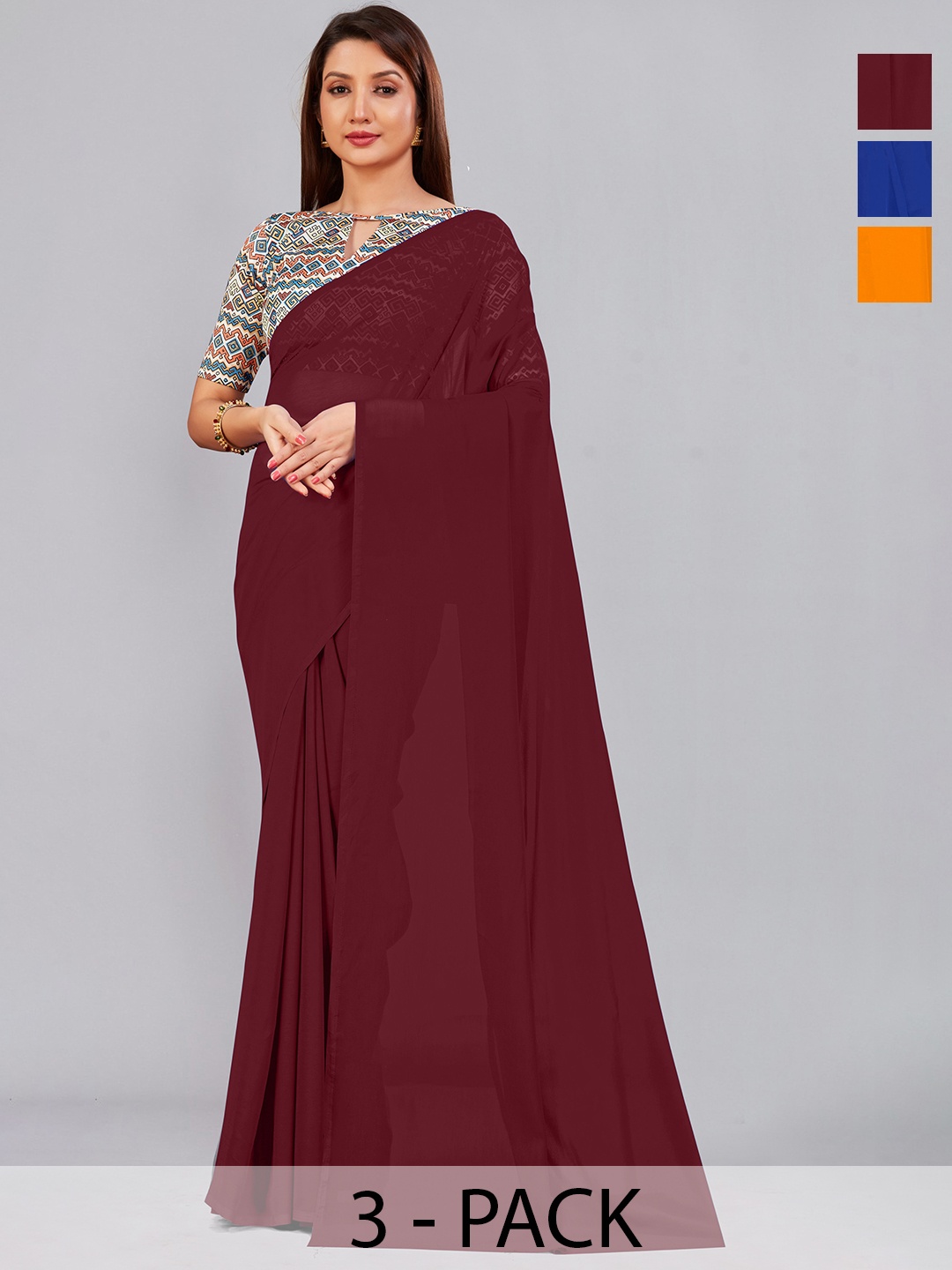 

CastilloFab Selection of 3 Pure Georgette Sarees, Maroon
