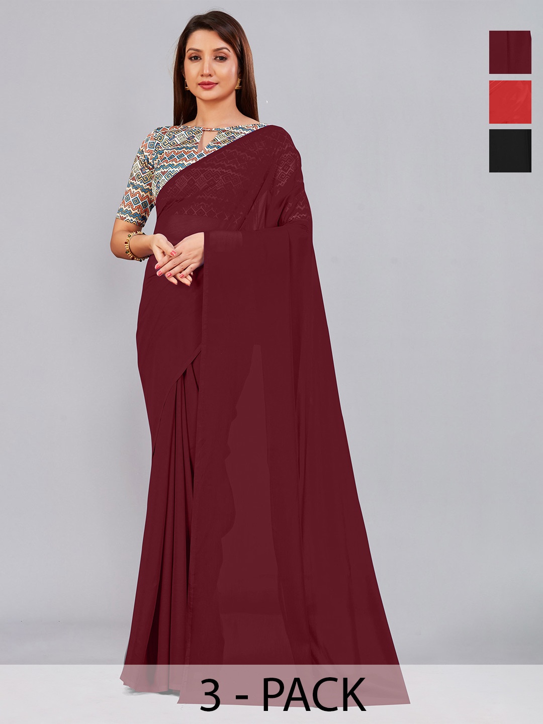

CastilloFab Selection Of 3 Pure Georgette Saree, Maroon