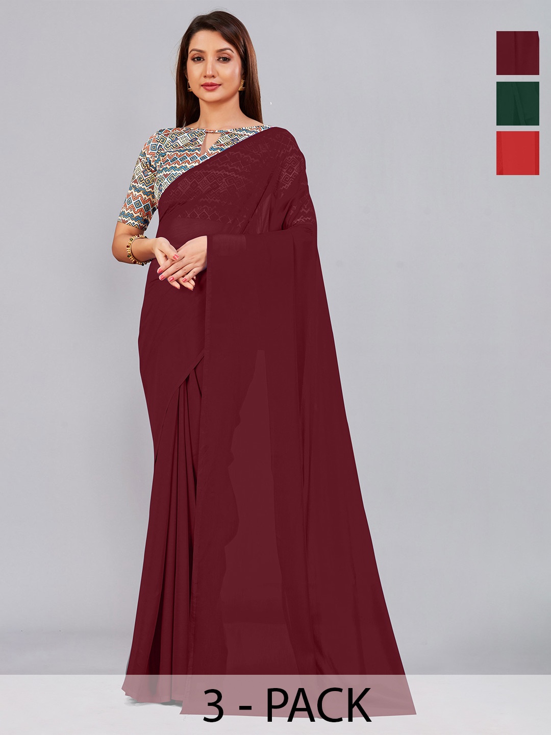 

CastilloFab Selection of 3 Pure Georgette Sarees, Maroon