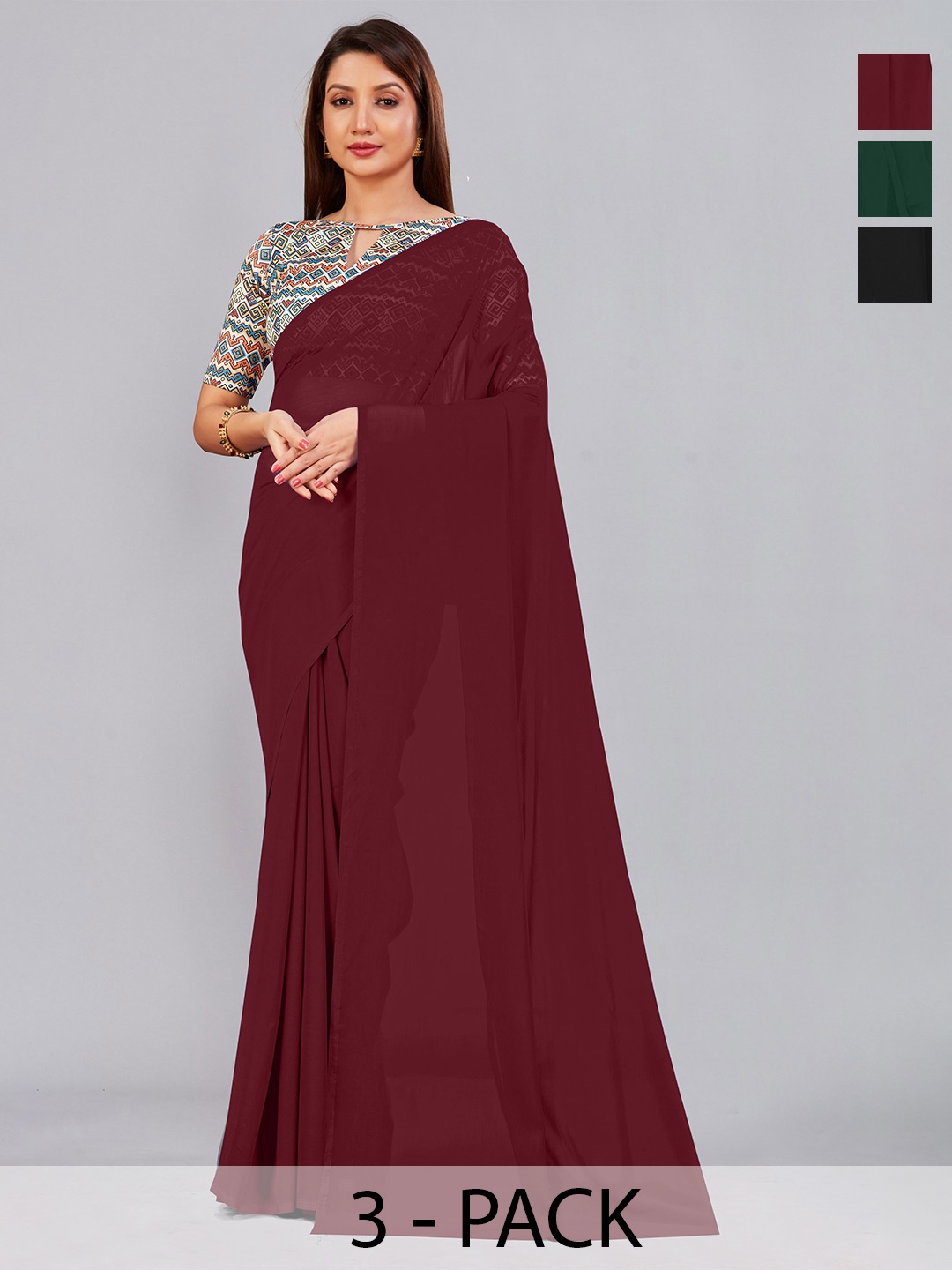 

CastilloFab Section of 3 Pure Georgette Sarees, Maroon