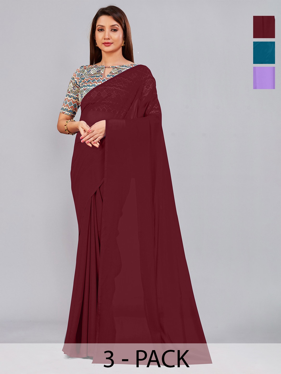 

CastilloFab Selection of 3 Pure Georgette Saree, Maroon