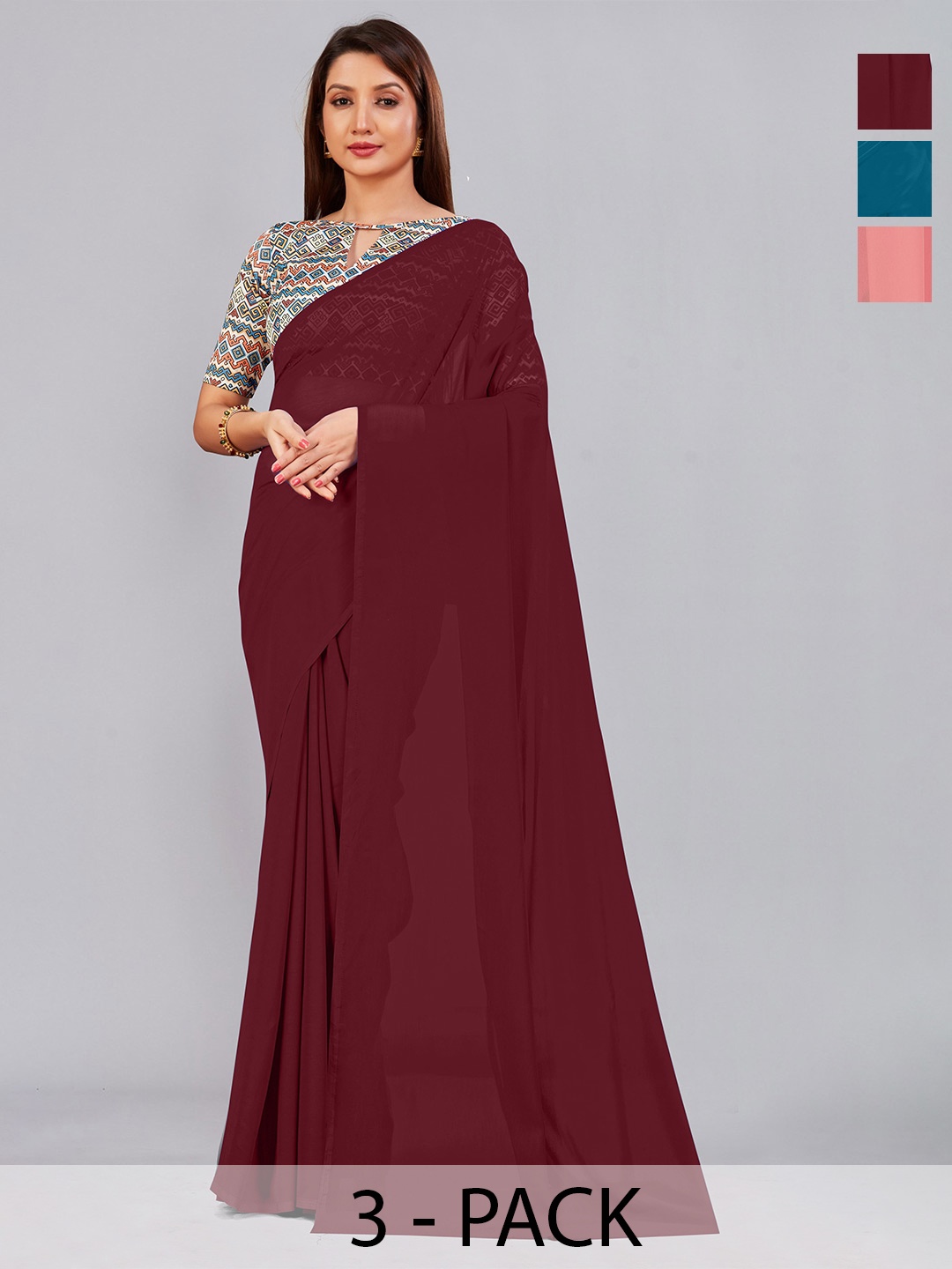 

CastilloFab Selection Of 3 Pure Georgette Saree, Maroon