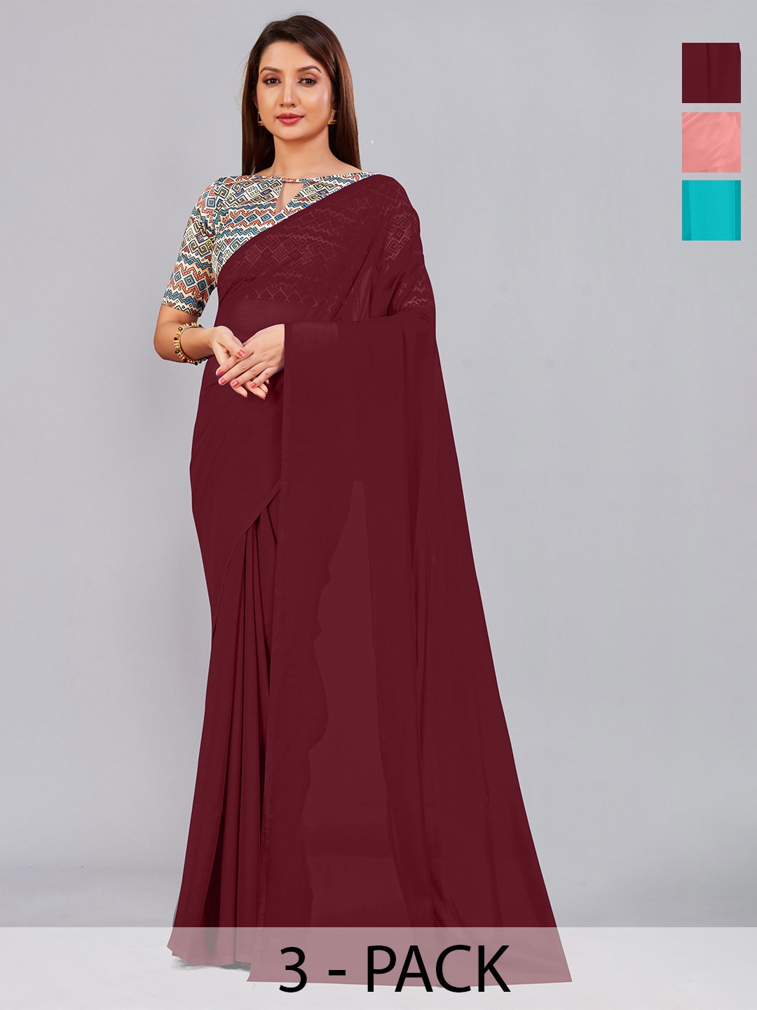 

CastilloFab Selection Of 3 Pure Georgette Sarees, Maroon