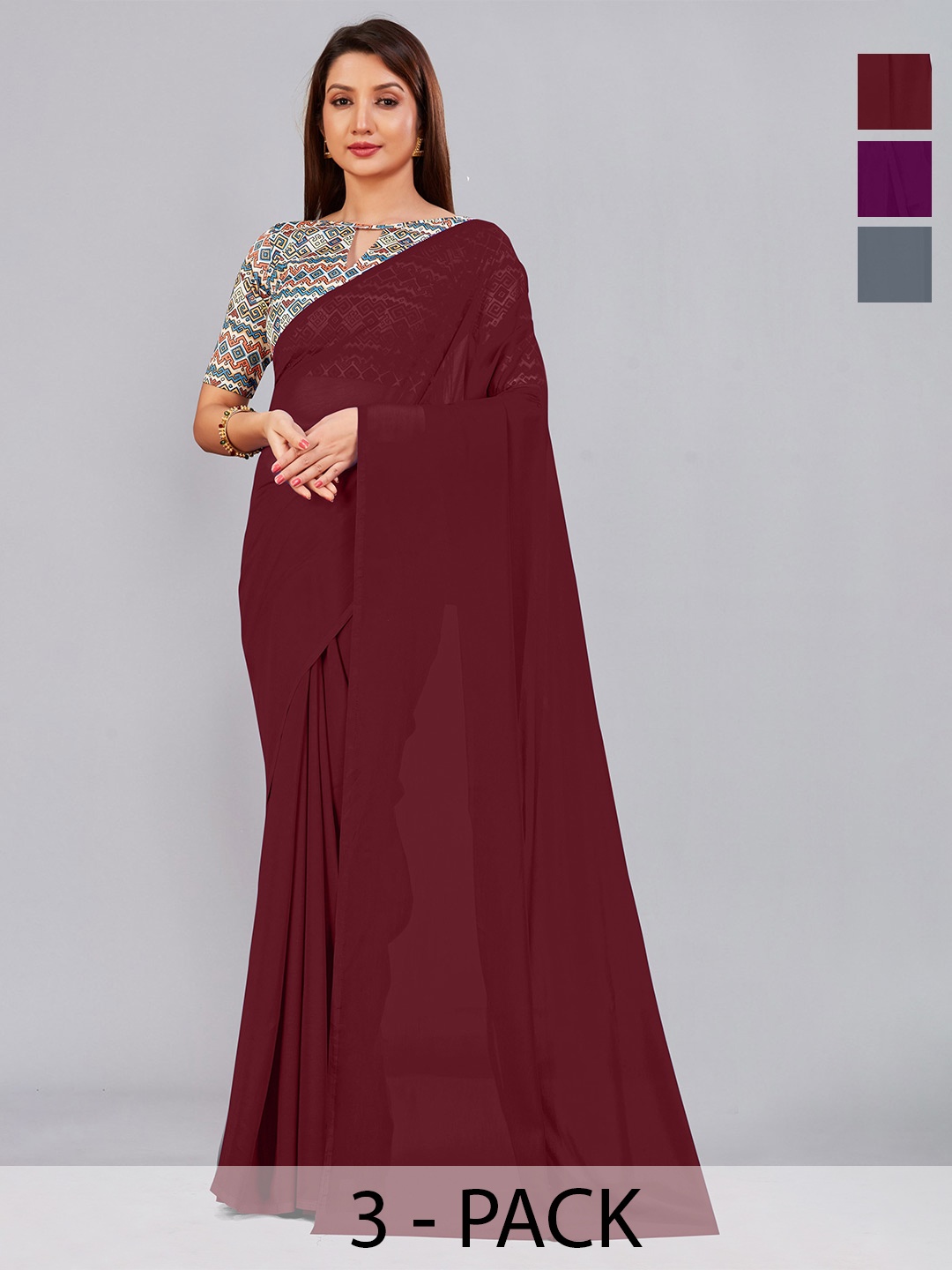 

CastilloFab Selection Of 3 Pure Georgette Saree, Maroon
