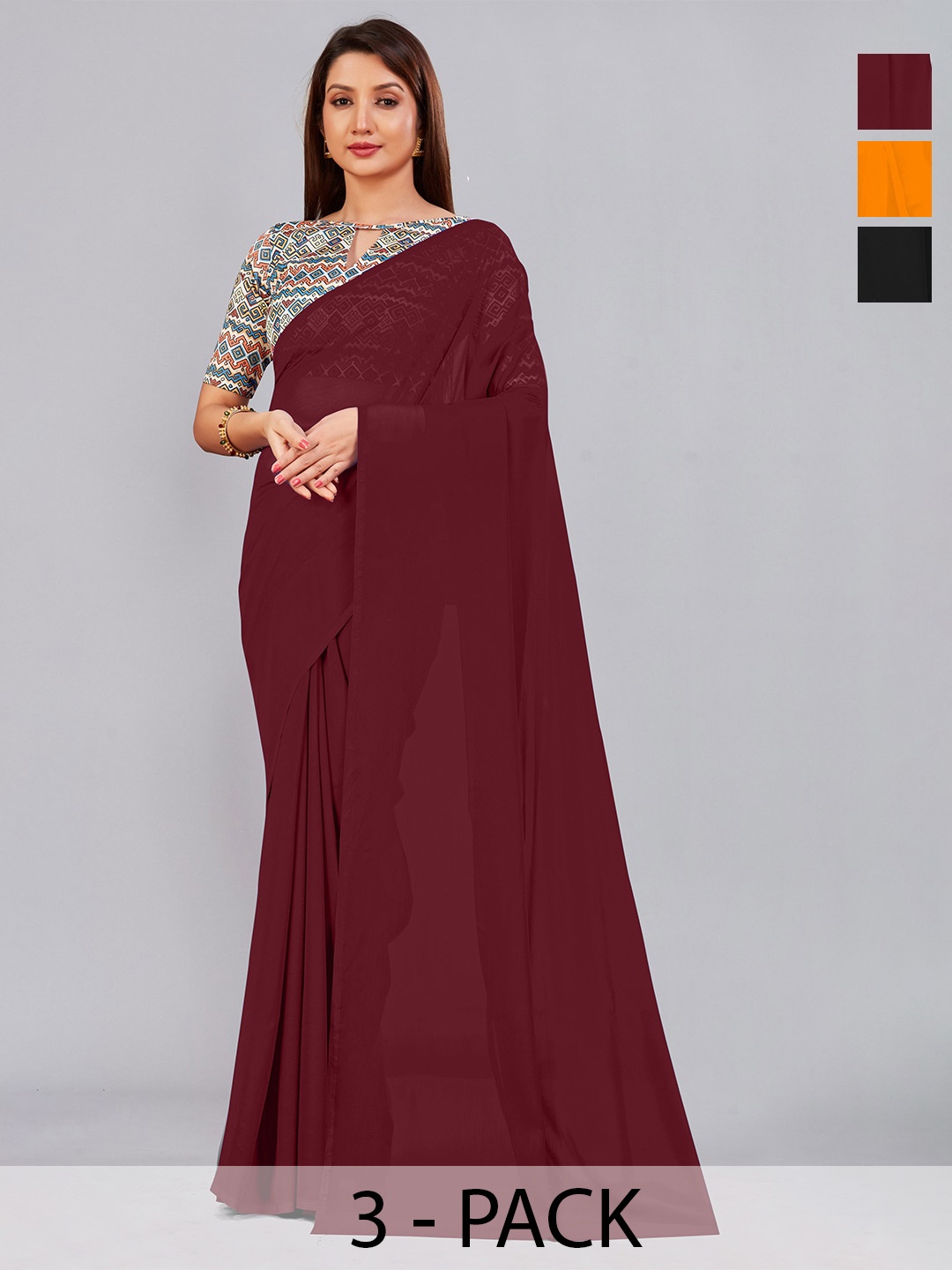 

CastilloFab Selection of 3 Pure Georgette Sarees, Maroon