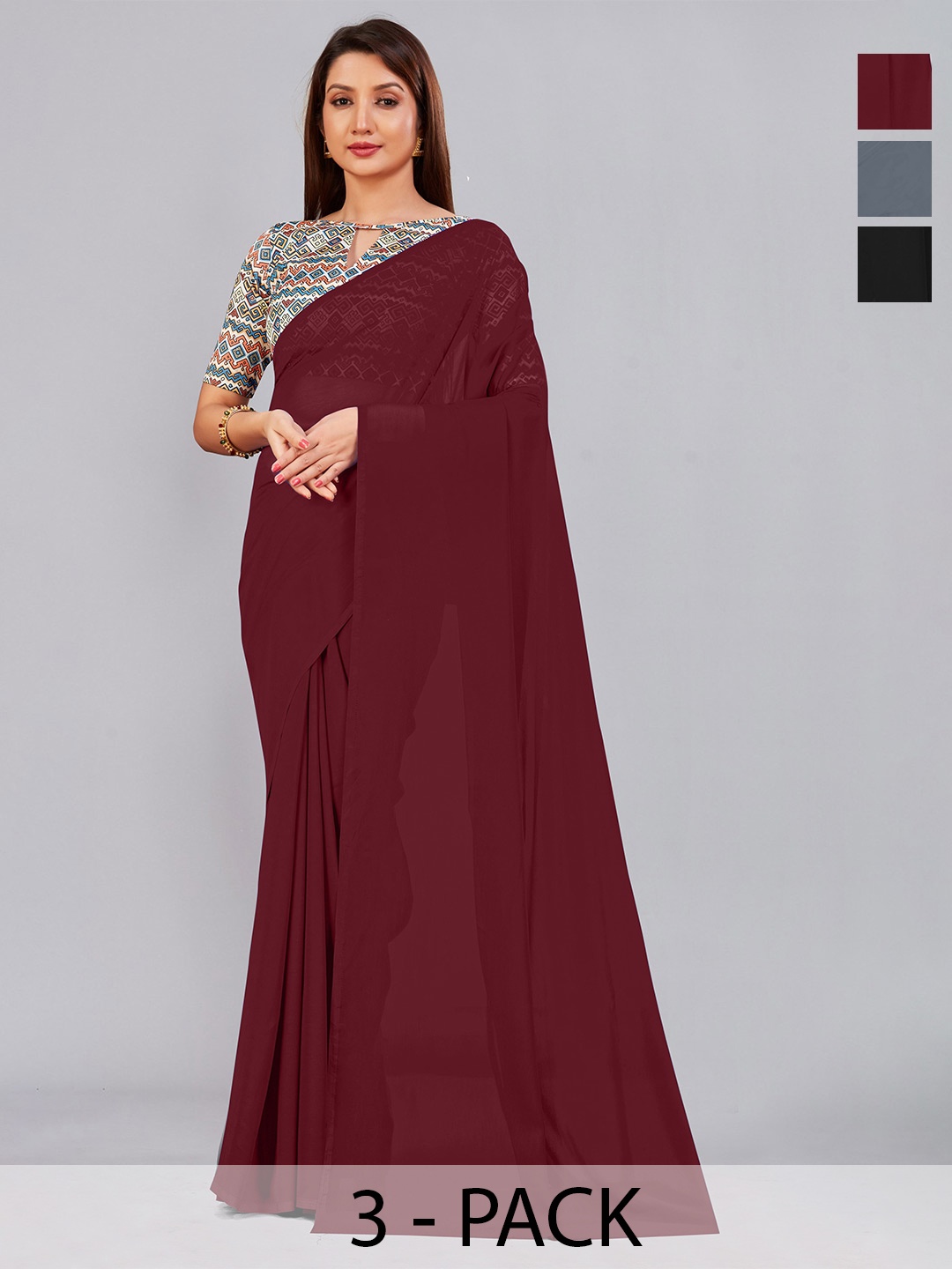 

CastilloFab Selection Of 3 Pure Georgette Sarees, Maroon