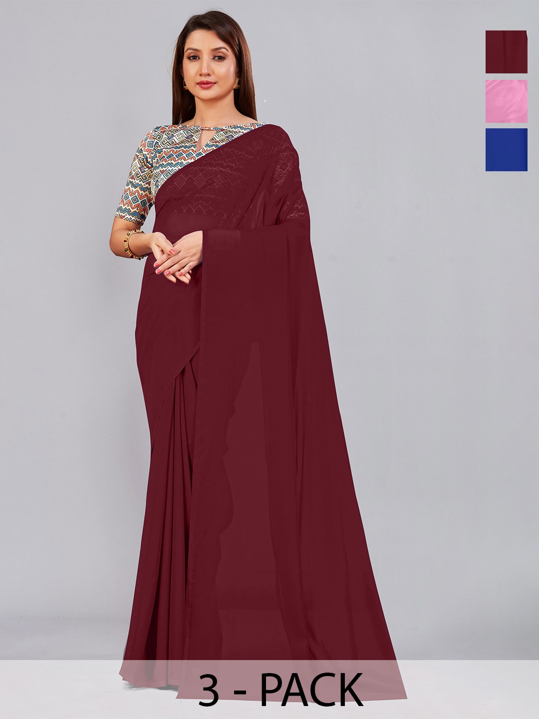 

CastilloFab Selection of 3 Pure Georgette Sarees, Maroon