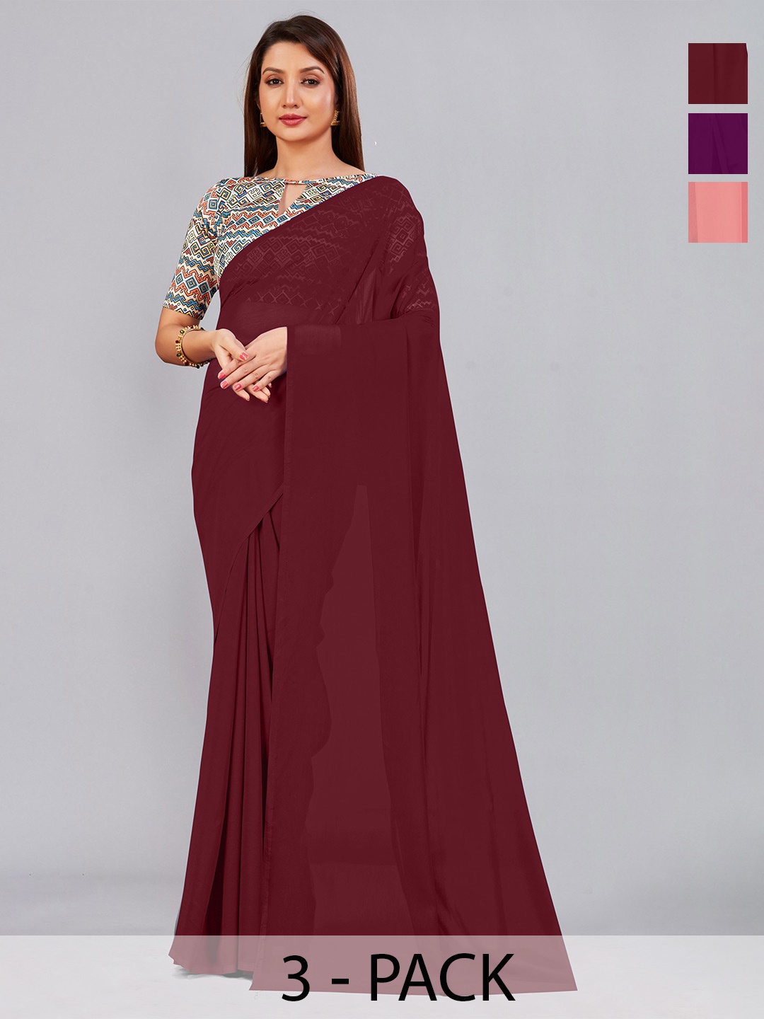 

CastilloFab Selection Of 3 Pure Georgette Saree, Maroon