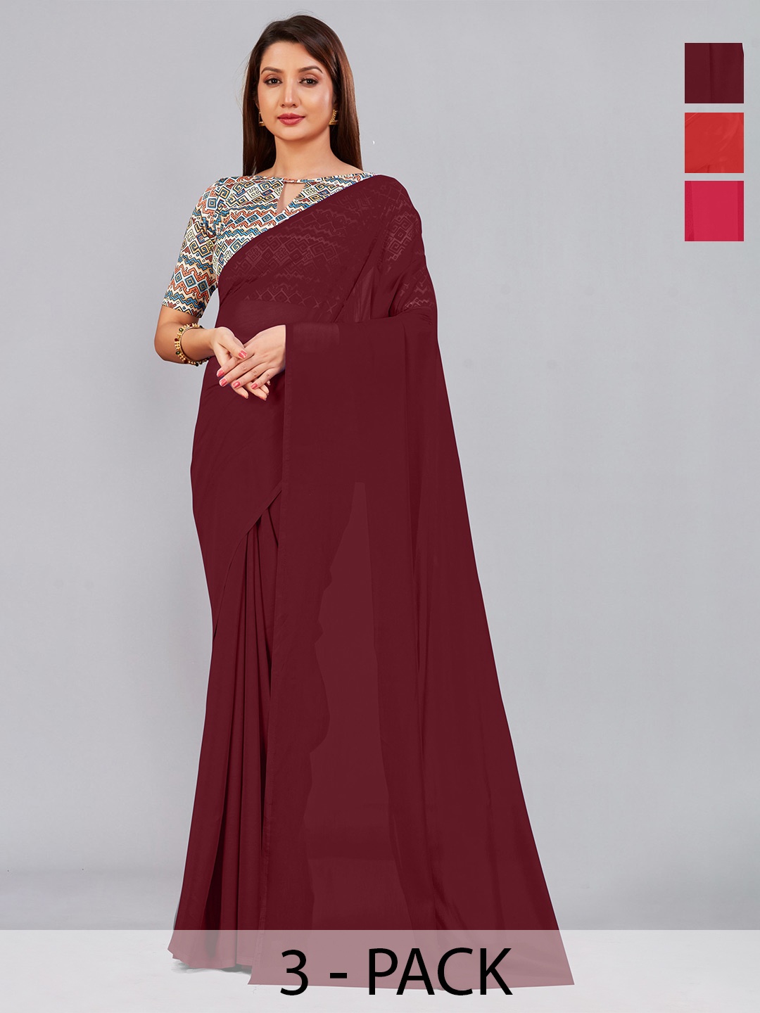 

CastilloFab Selection Of 3 Pure Georgette Saree, Maroon