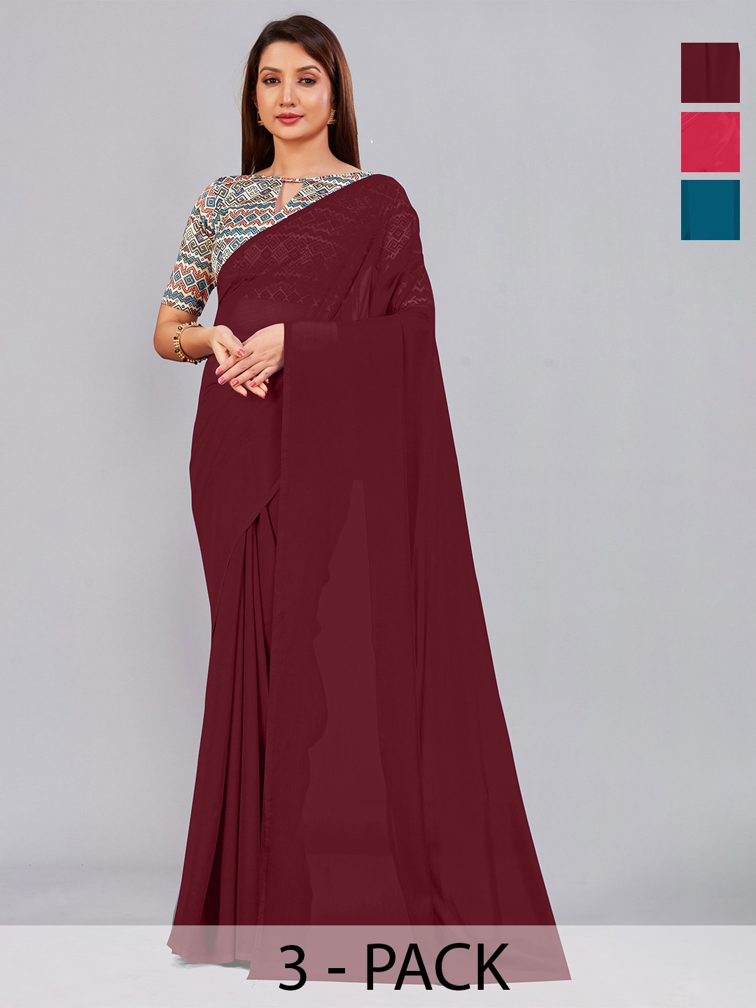 

CastilloFab Selection Of 3 Pure Georgette Sarees, Maroon