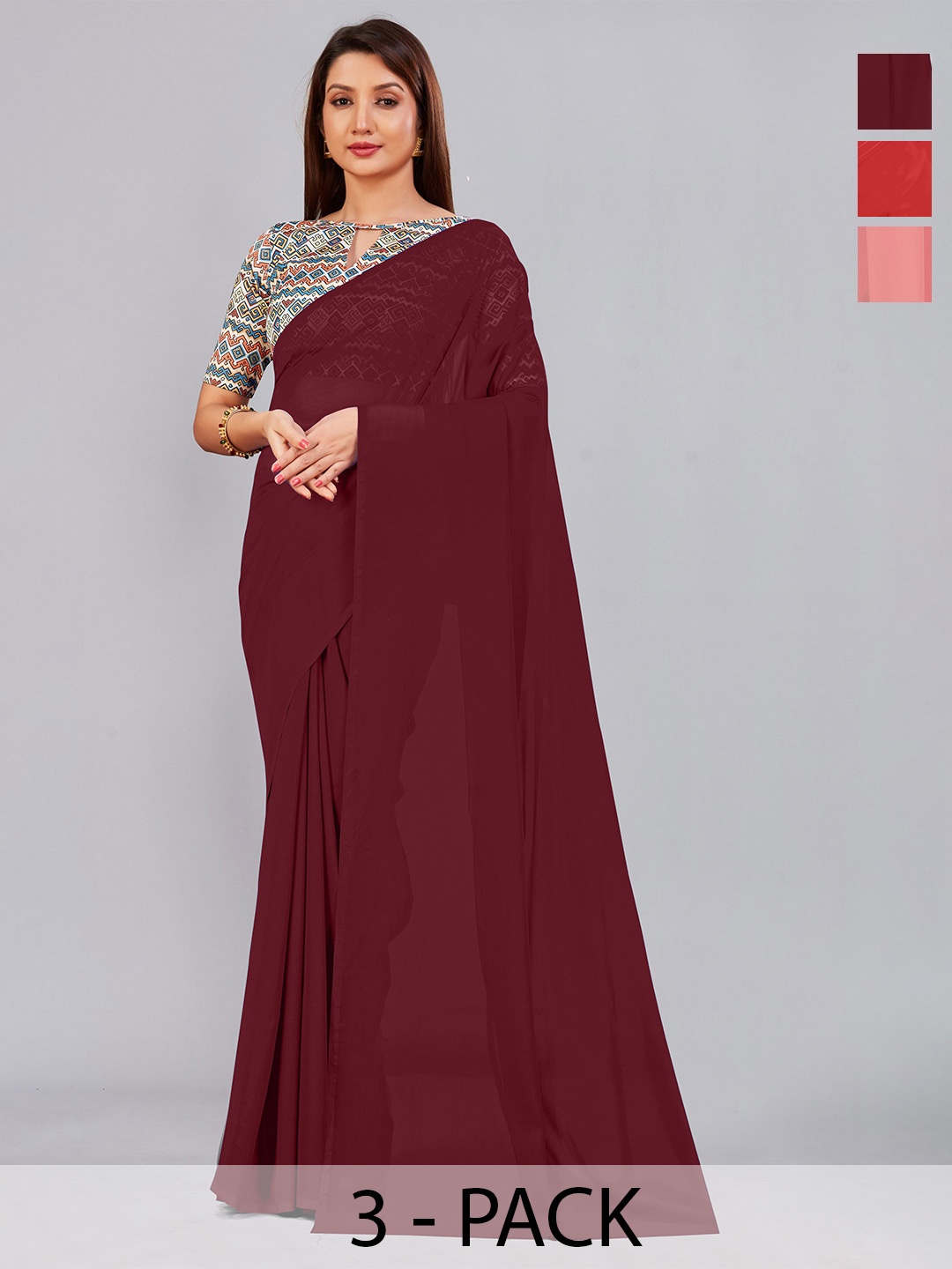 

CastilloFab Selection Of 3 Pure Georgette Sarees, Maroon