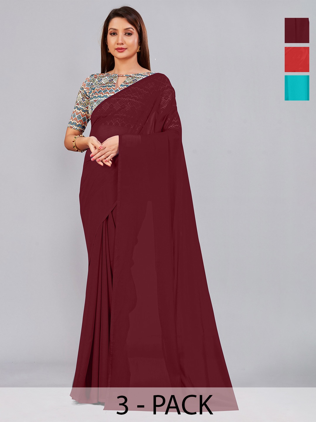 

CastilloFab Selection of 3 Pure Georgette Sarees, Maroon